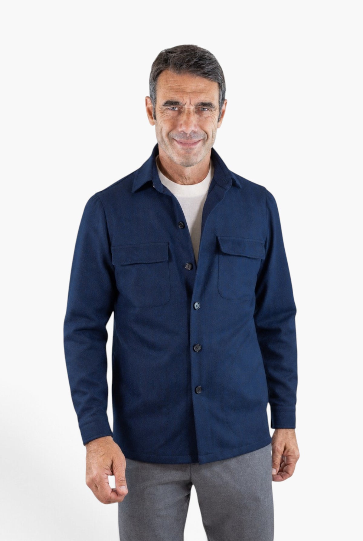 CESARE ATTOLINI Overshirt Spigata Tessuto Drapperia Lana Blu