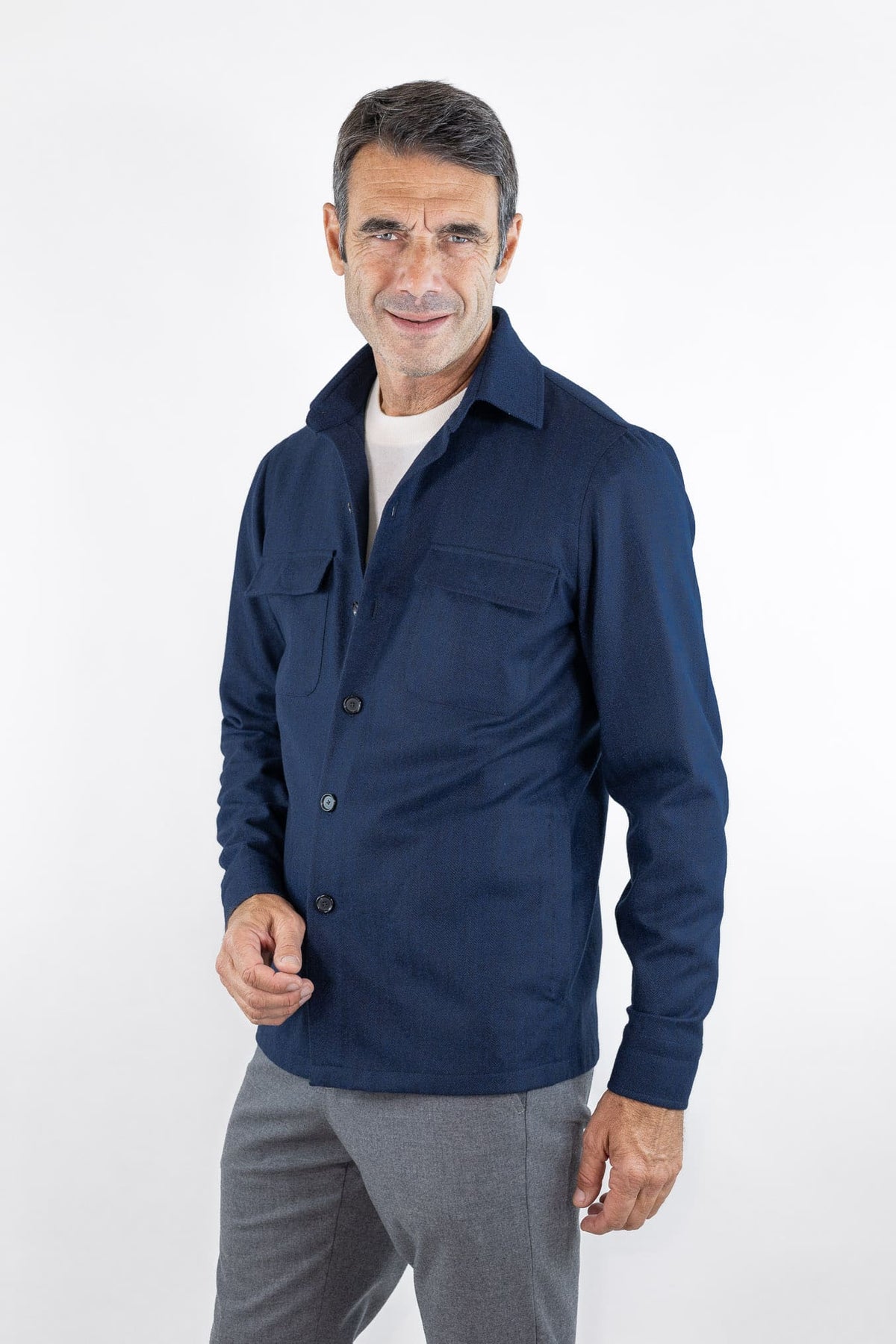 CESARE ATTOLINI Overshirt Spigata Tessuto Drapperia Lana Blu
