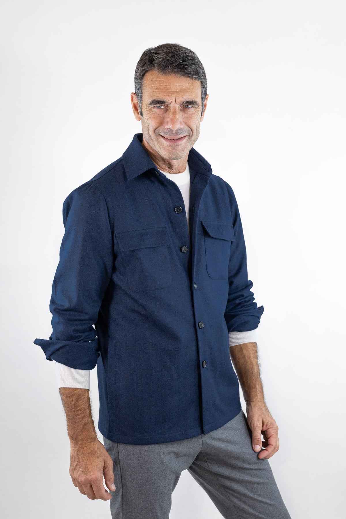 CESARE ATTOLINI Overshirt Spigata Tessuto Drapperia Lana Blu
