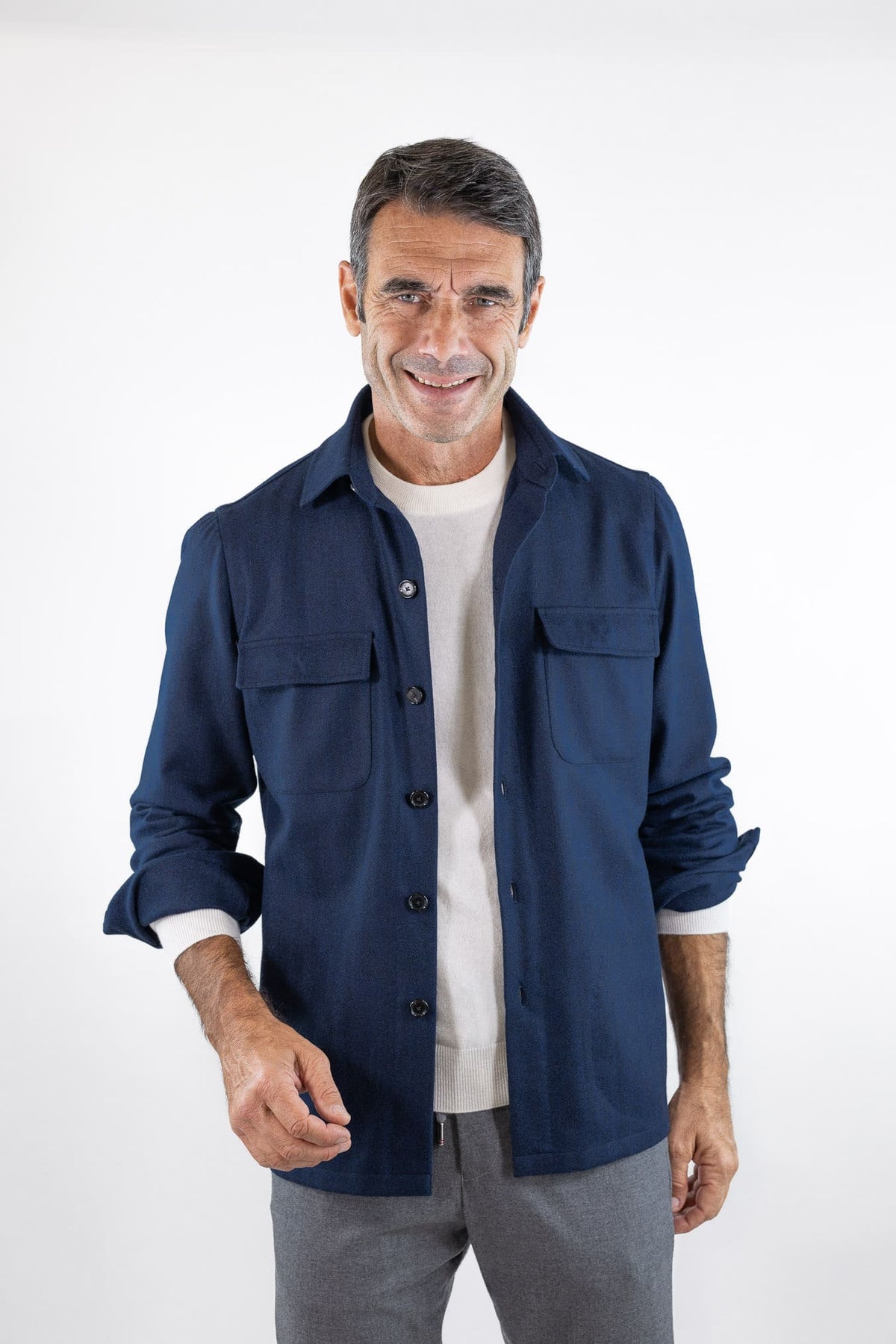 CESARE ATTOLINI Overshirt Spigata Tessuto Drapperia Lana Blu