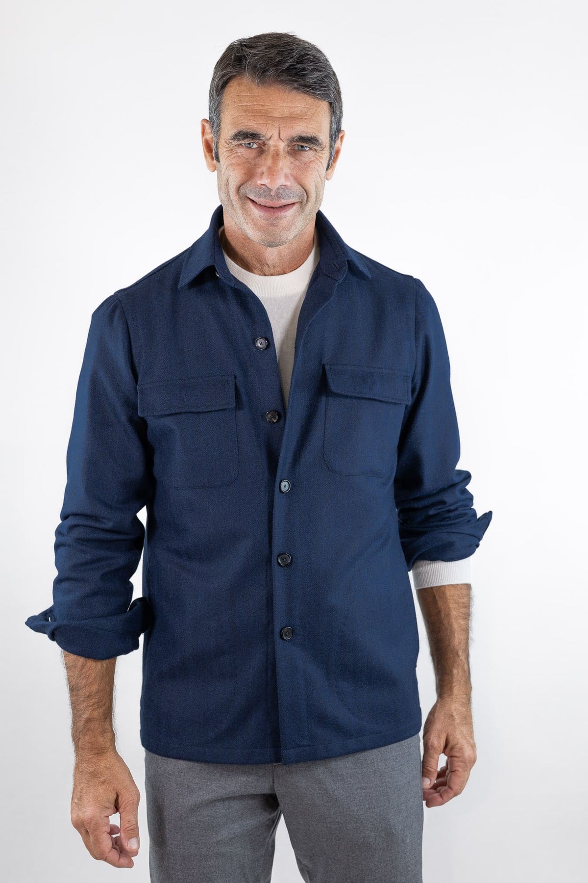 CESARE ATTOLINI Overshirt Spigata Tessuto Drapperia Lana Blu