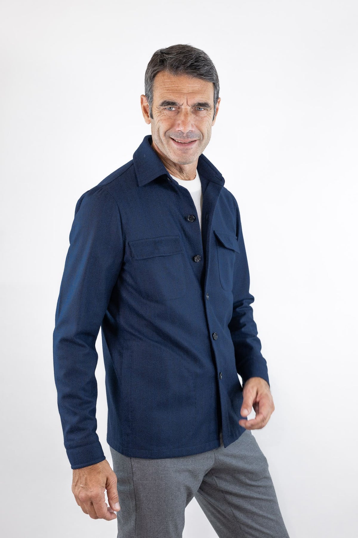 CESARE ATTOLINI Overshirt Spigata Tessuto Drapperia Lana Blu