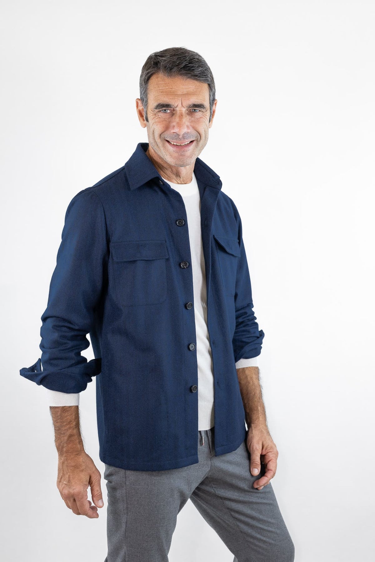 CESARE ATTOLINI Overshirt Spigata Tessuto Drapperia Lana Blu