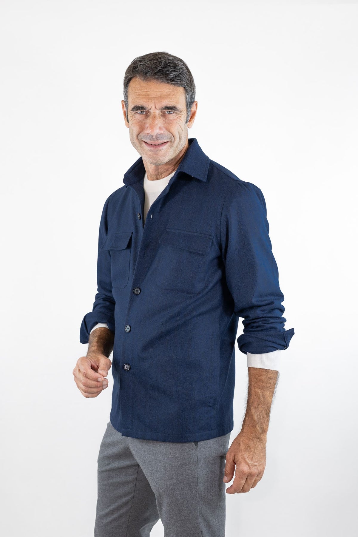CESARE ATTOLINI Overshirt Spigata Tessuto Drapperia Lana Blu
