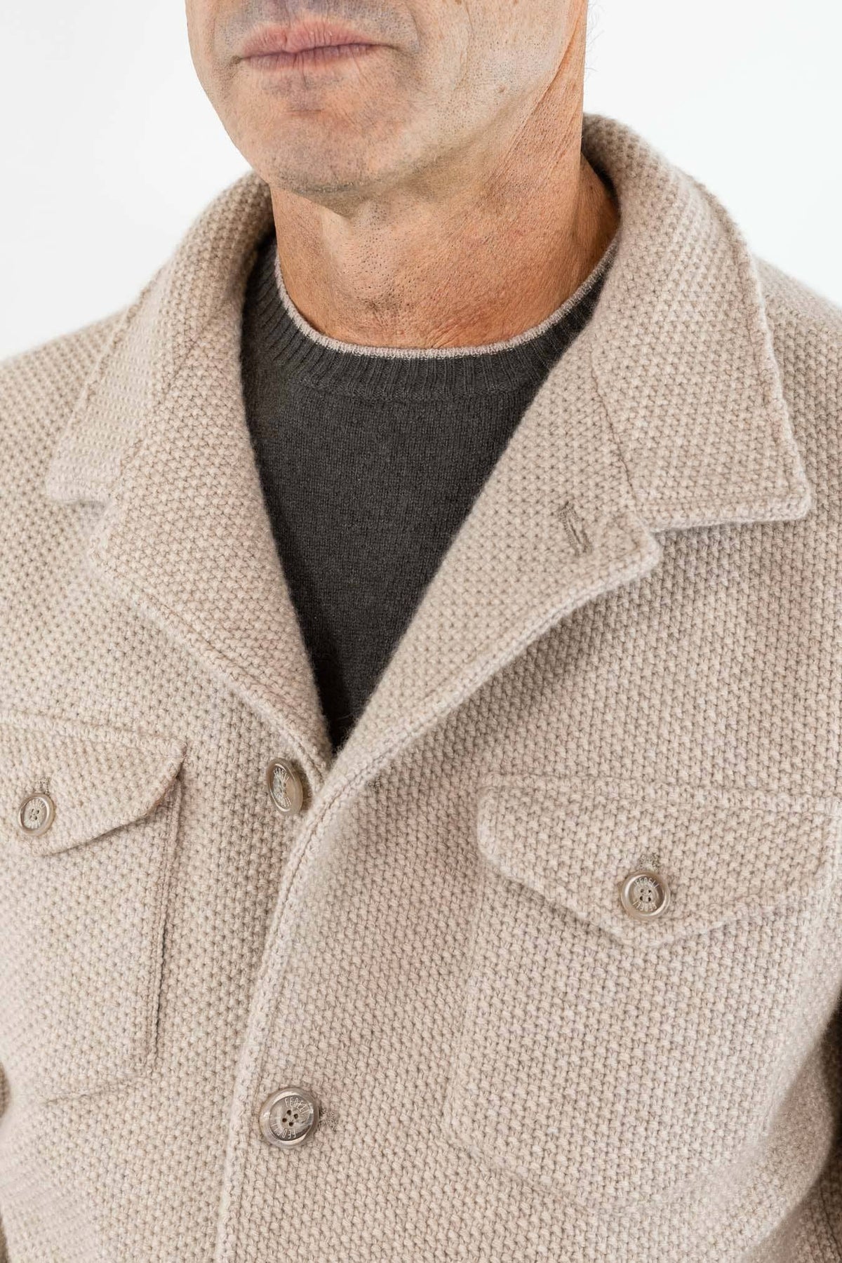 FEDELI Giacca in Maglia Lana Cashmere Sabbia