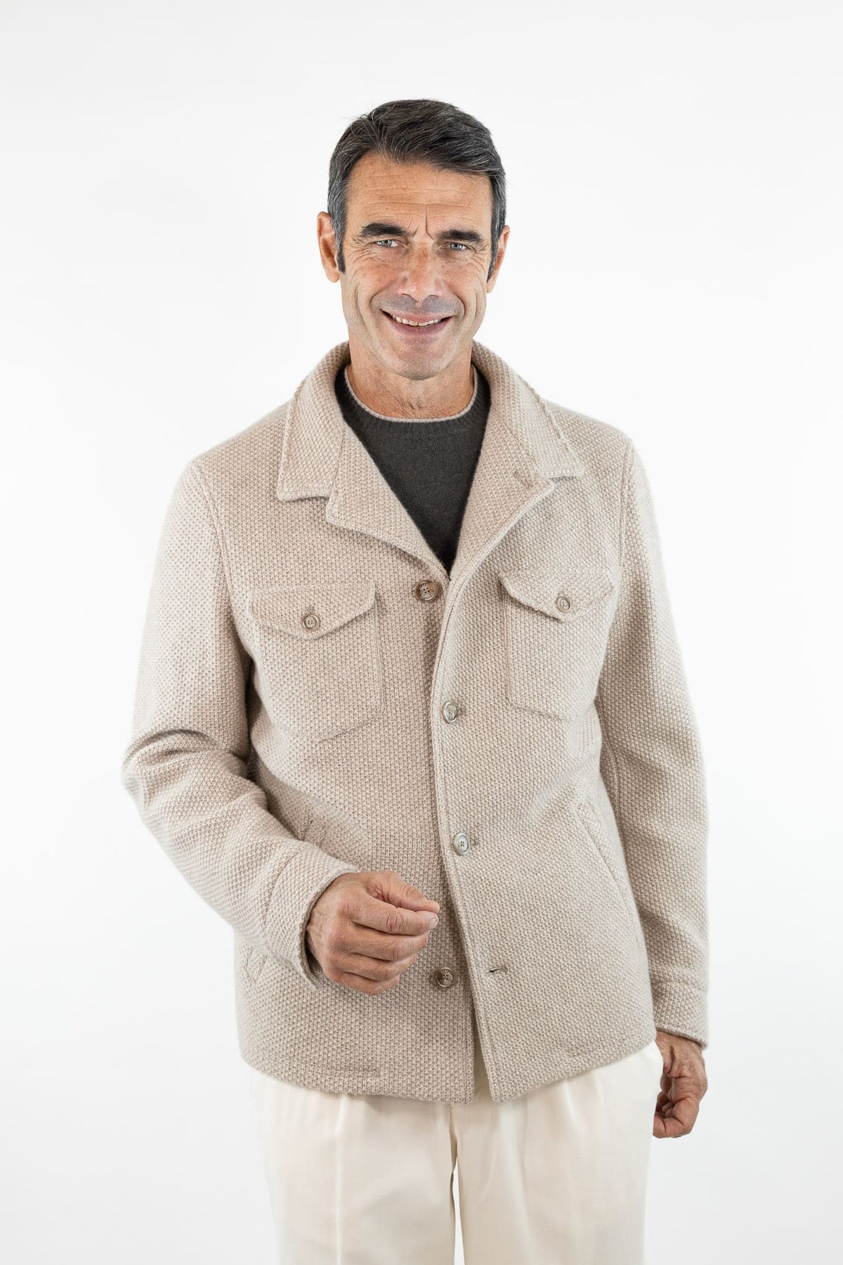 FEDELI Giacca in Maglia Lana Cashmere Sabbia