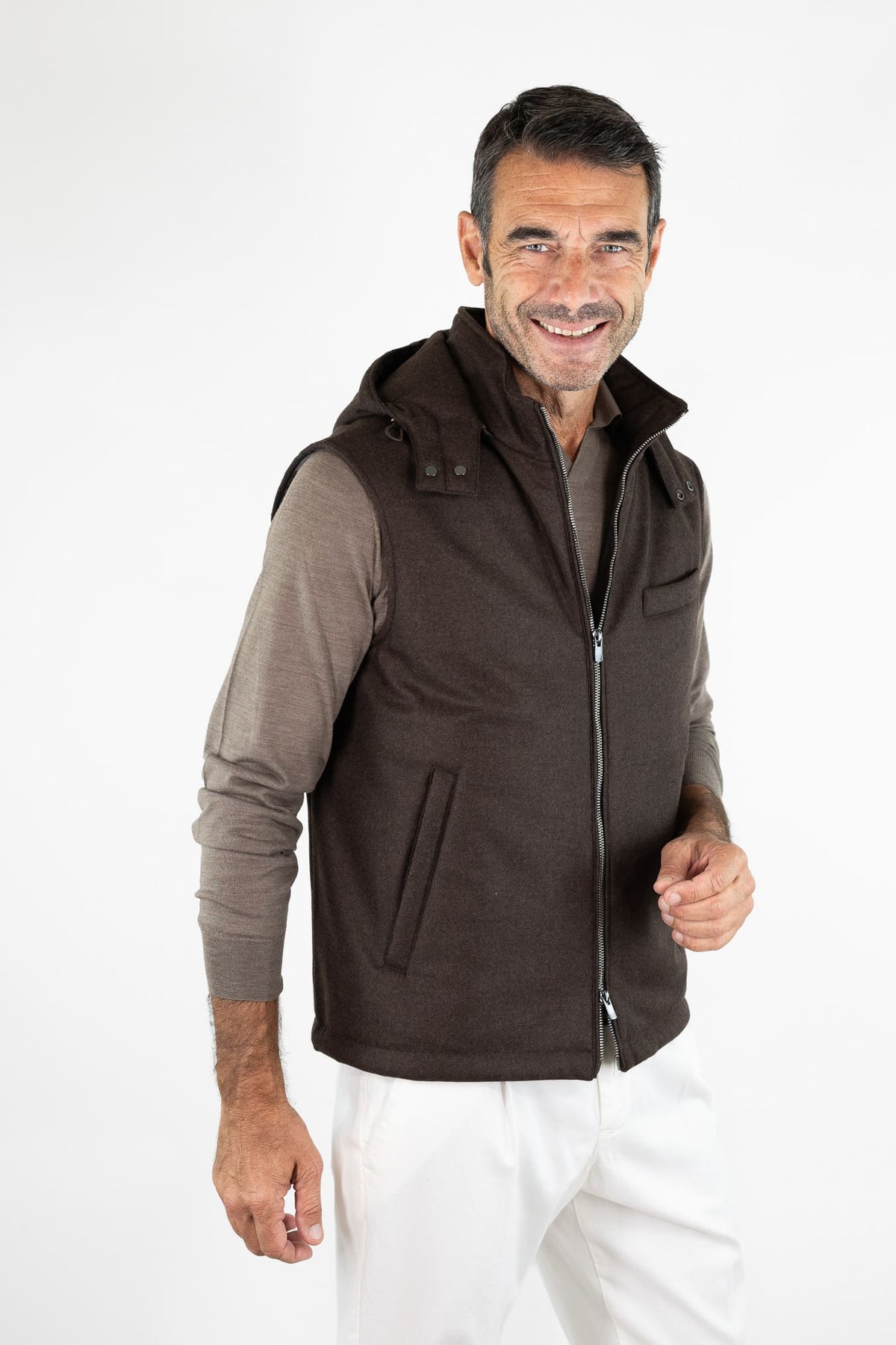 GUARINO Gilet Tessuto Loro Piana Storm System® Moro