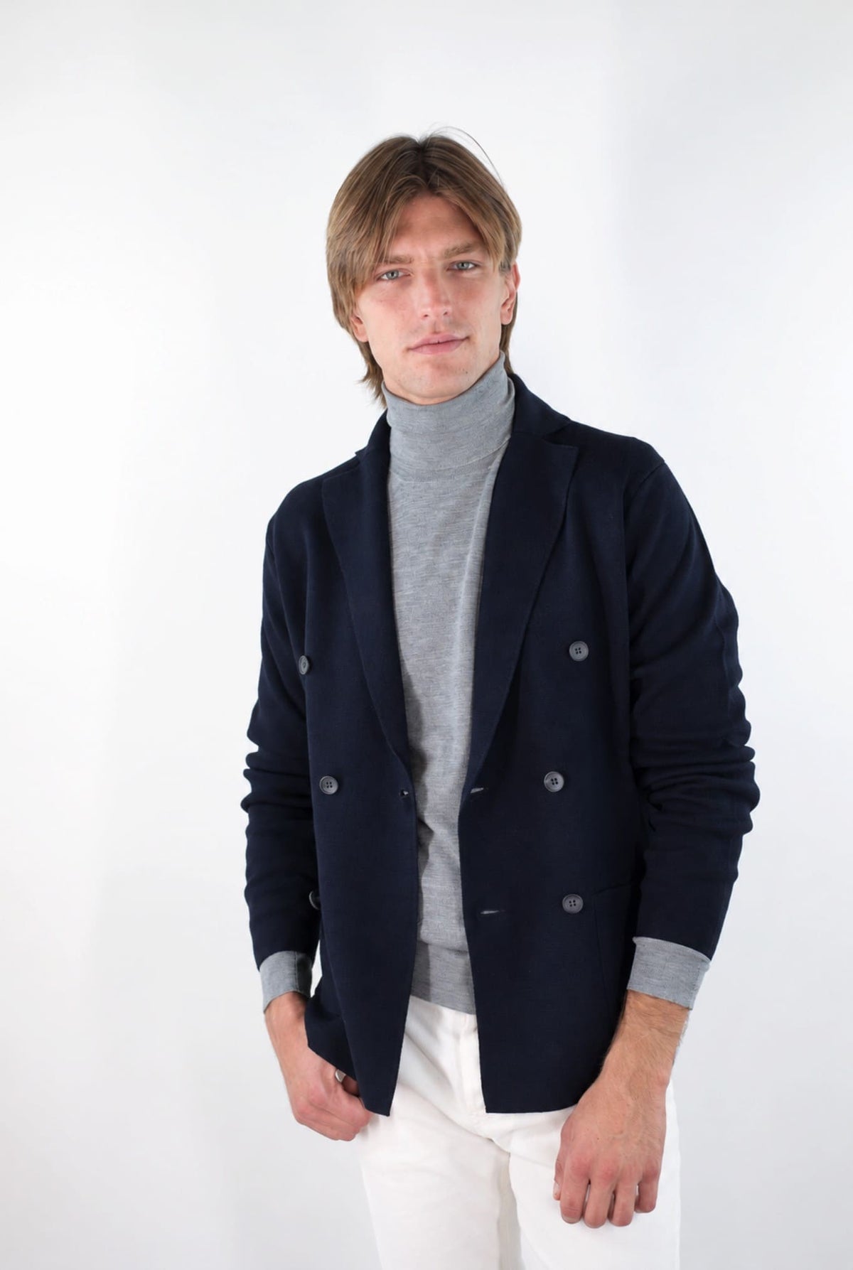 GUARINO Giacca Maglia Doppiopetto Lana Blu Scuro
