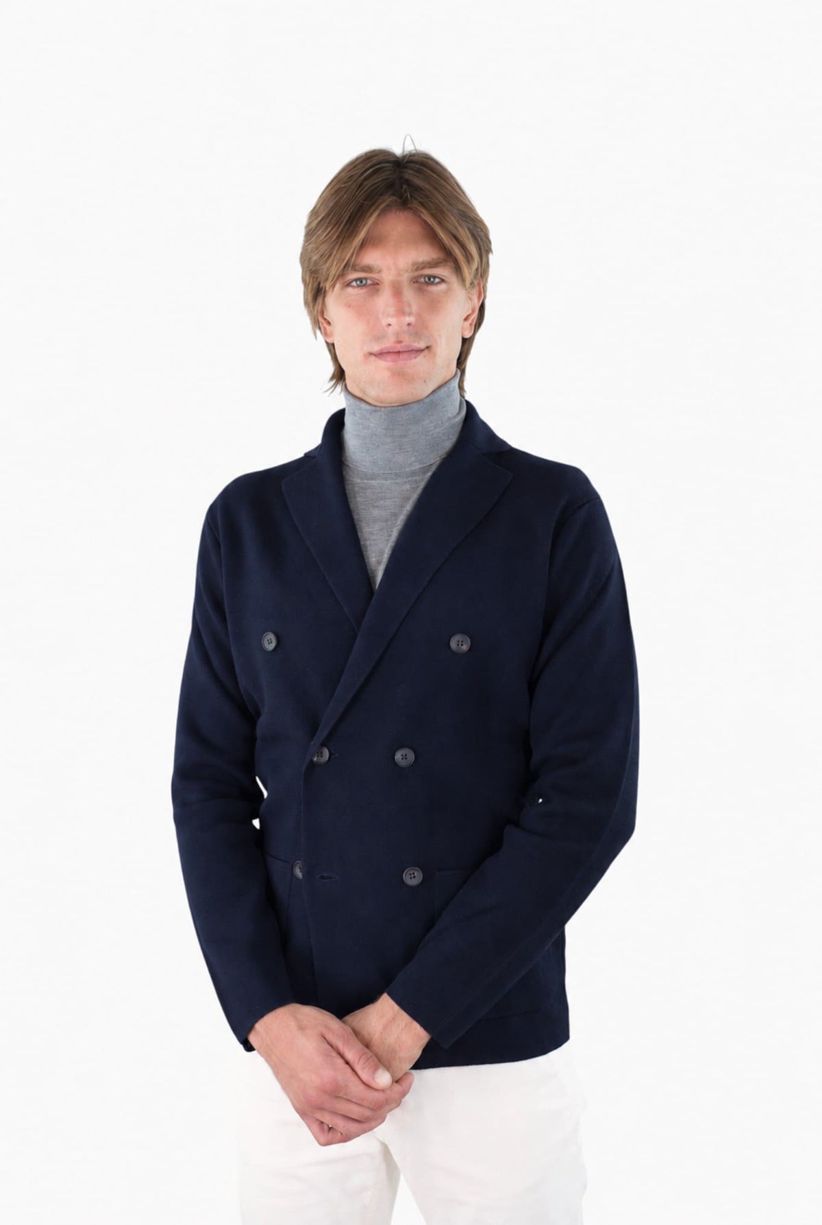 GUARINO Giacca Maglia Doppiopetto Lana Blu Scuro