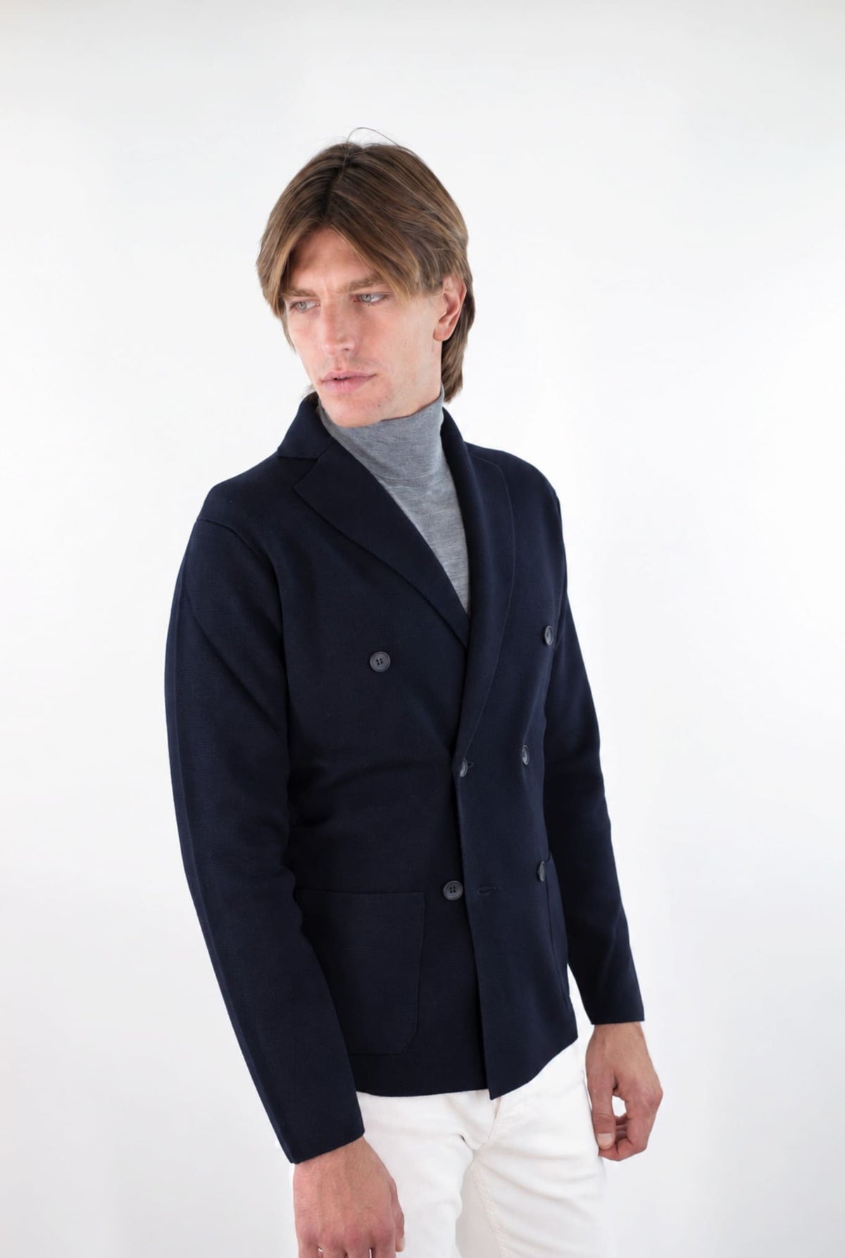 GUARINO Giacca Maglia Doppiopetto Lana Blu Scuro