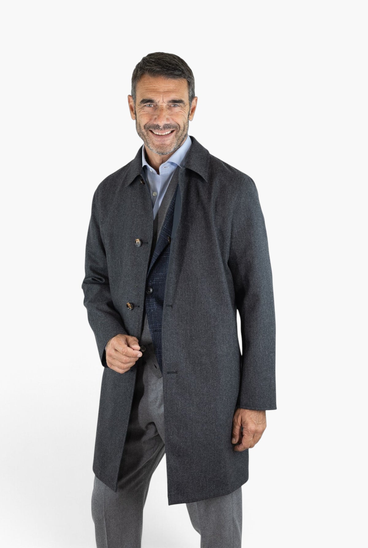 KIRED Cappotto Reversibile Lana Cashmere Spigato Grigio Scuro Nylon Blu
