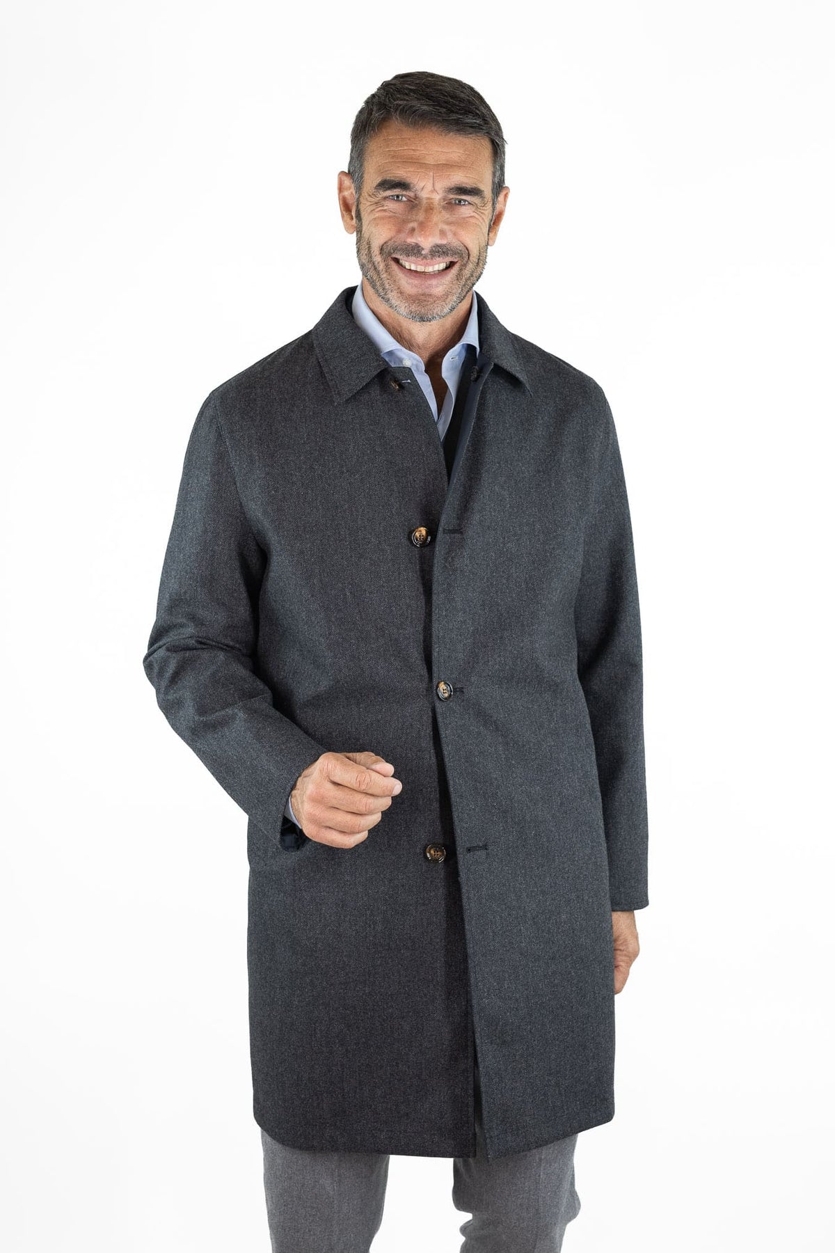 KIRED Cappotto Reversibile Lana Cashmere Spigato Grigio Scuro Nylon Blu