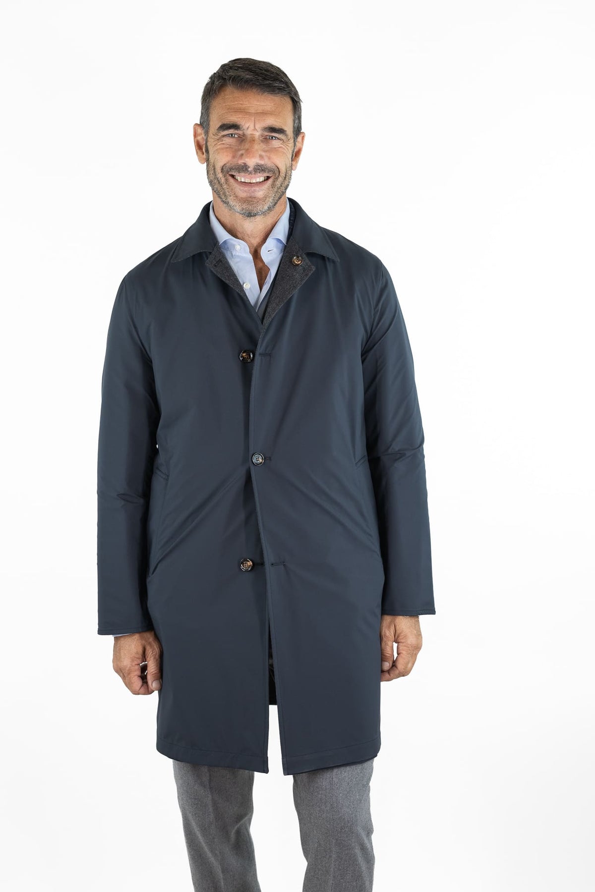 KIRED Cappotto Reversibile Lana Cashmere Spigato Grigio Scuro Nylon Blu