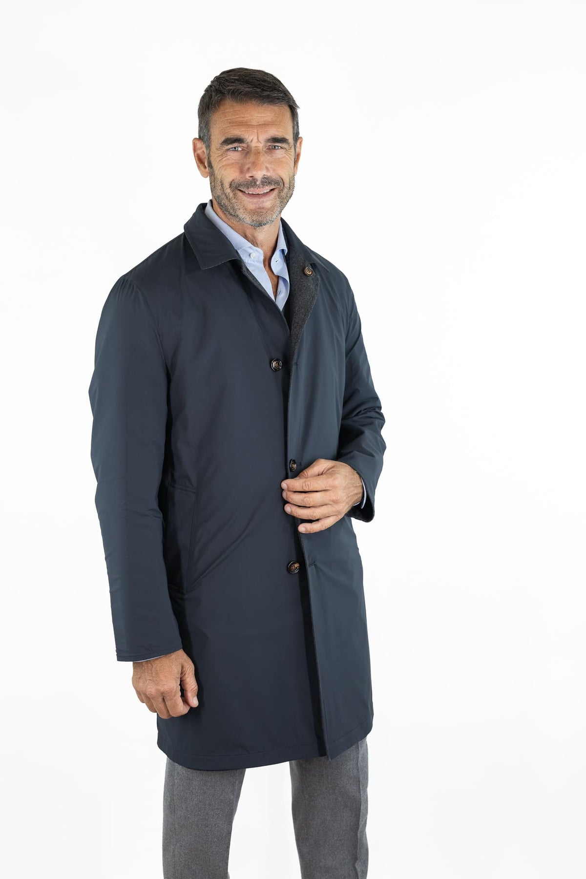 KIRED Cappotto Reversibile Lana Cashmere Spigato Grigio Scuro Nylon Blu