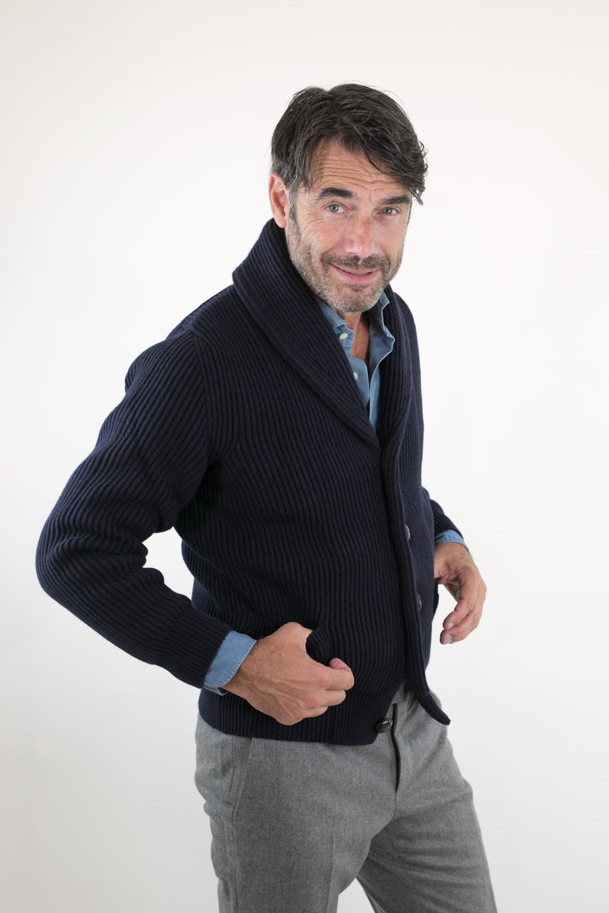 MC GEORGE OF SCOTLAND Cardigan Sciallato Lana Cashmere Blu Navy