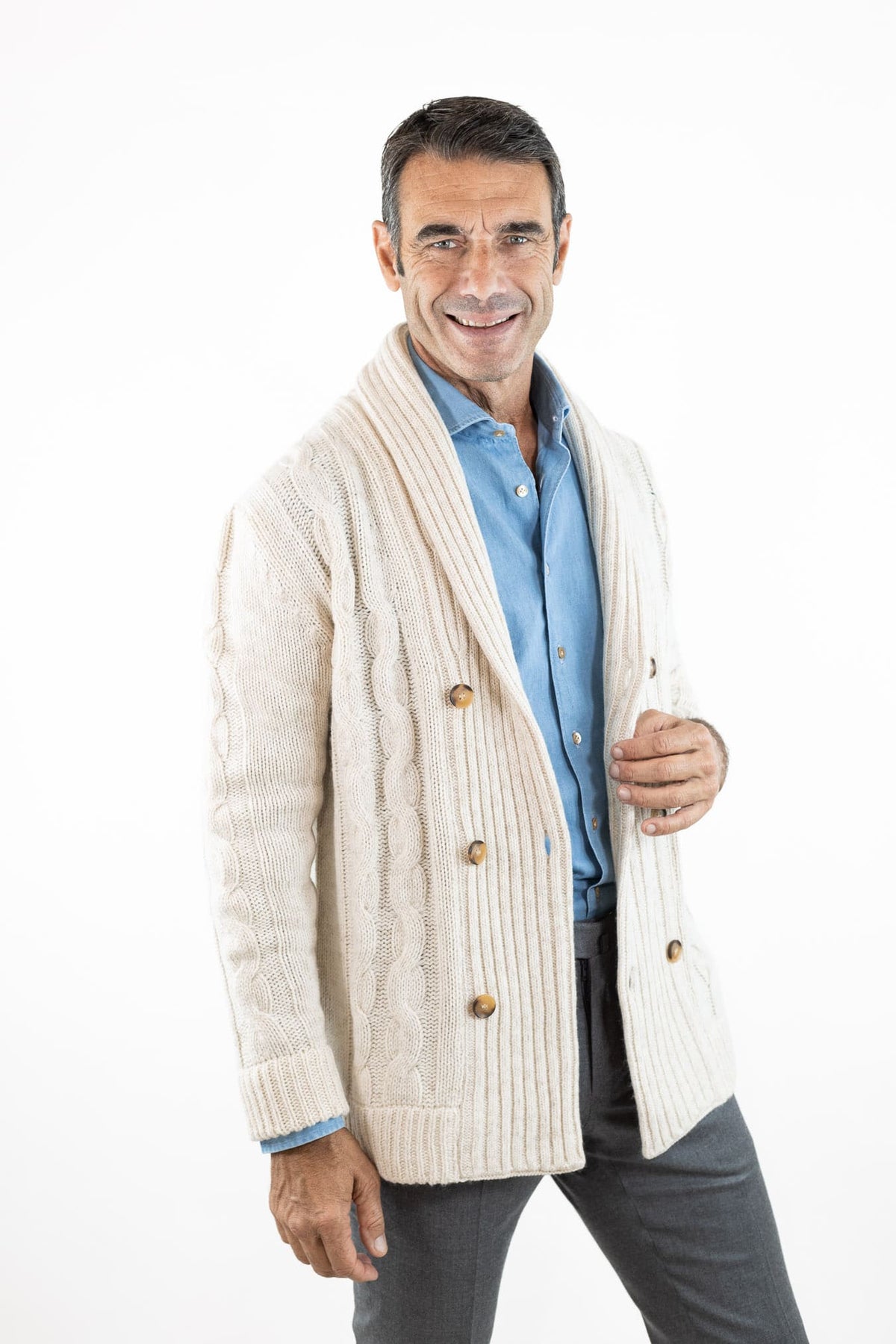 SETTEFILI CASHMERE Cardigan Doppiopetto a Trecce Lana Cashmere Panna