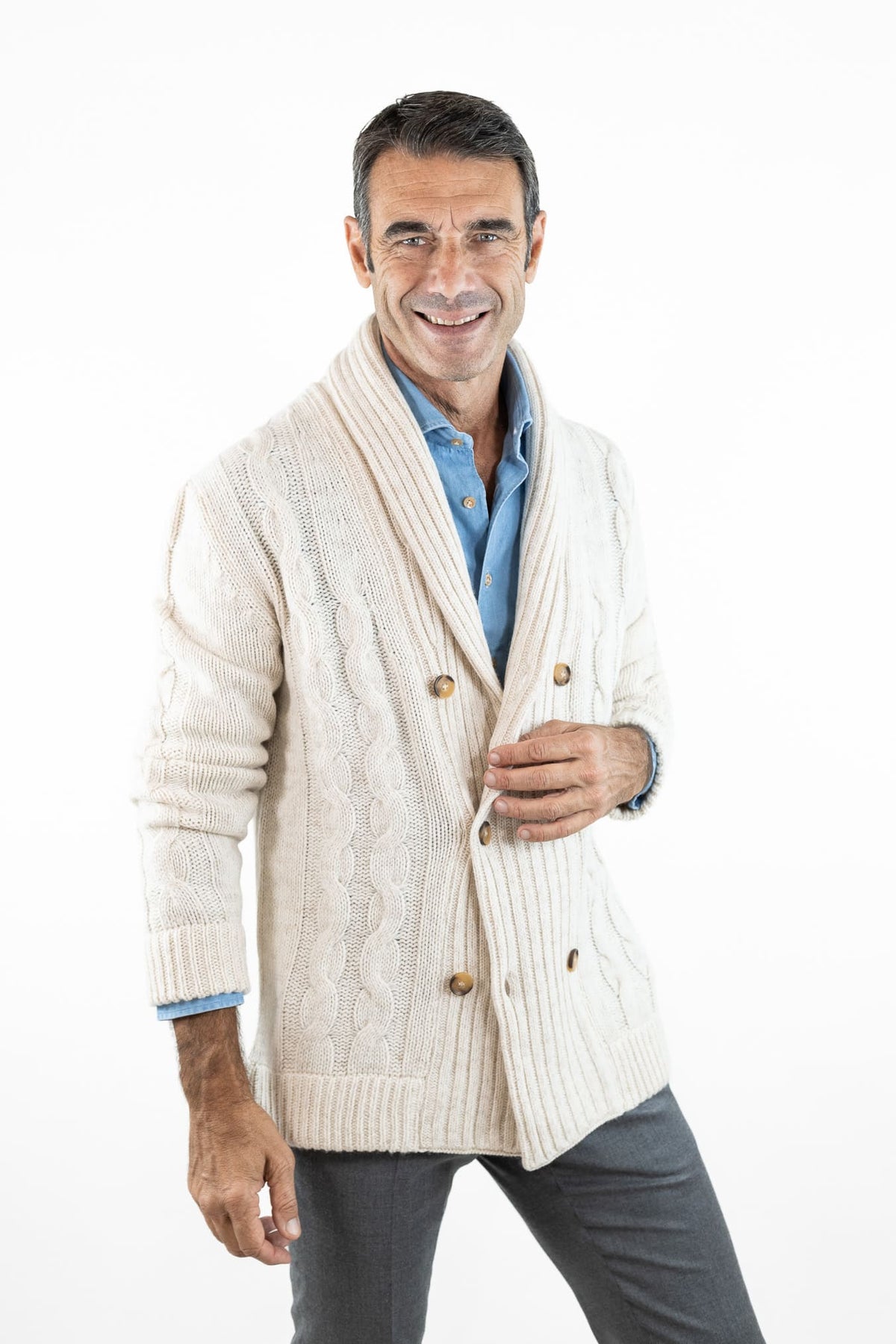 SETTEFILI CASHMERE Cardigan Doppiopetto a Trecce Lana Cashmere Panna