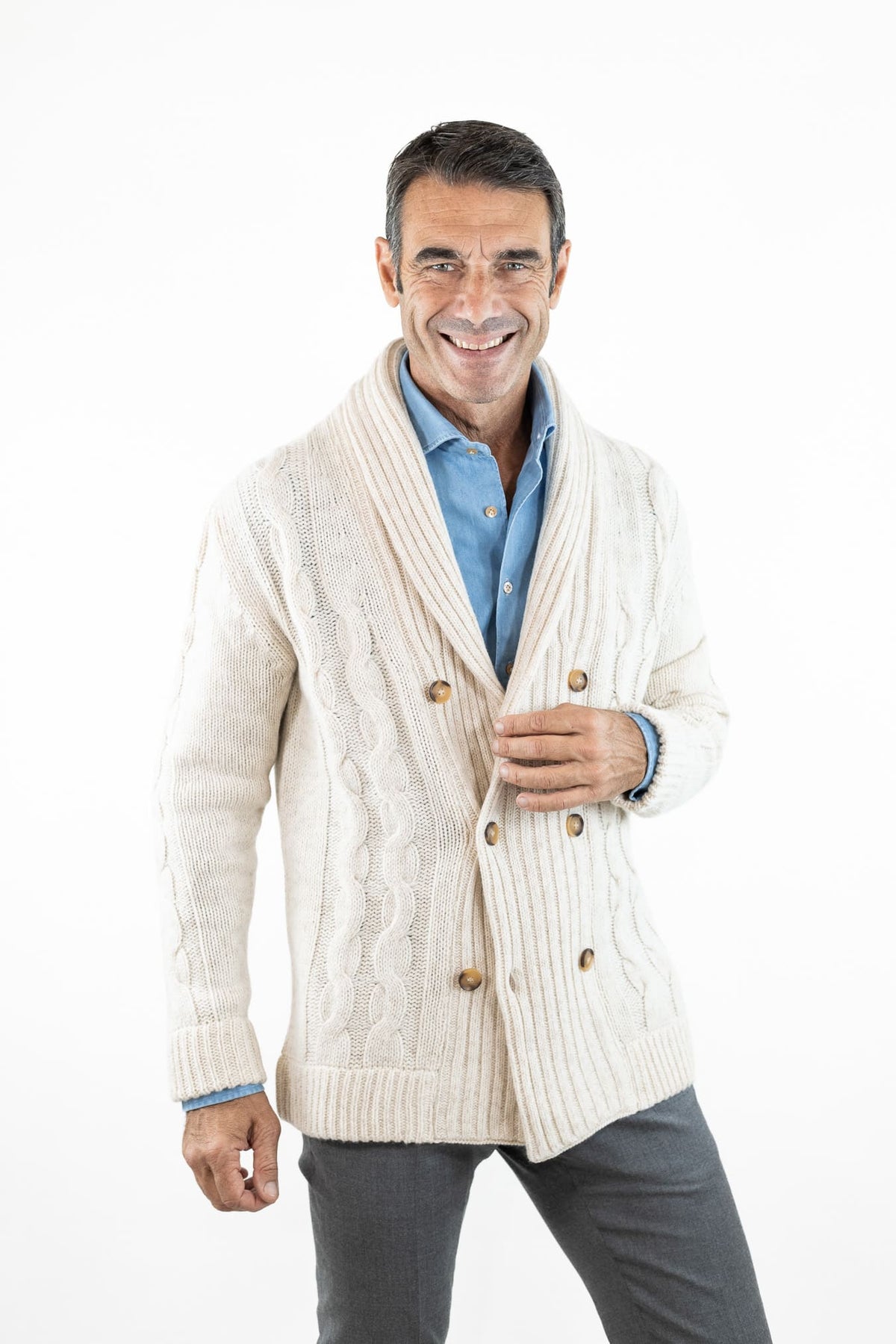 SETTEFILI CASHMERE Cardigan Doppiopetto a Trecce Lana Cashmere Panna