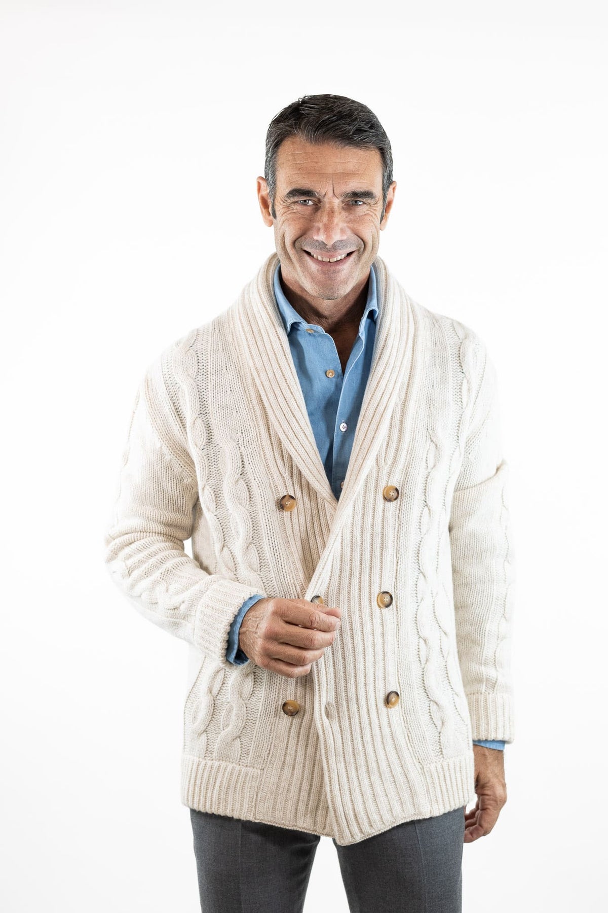 SETTEFILI CASHMERE Cardigan Doppiopetto a Trecce Lana Cashmere Panna