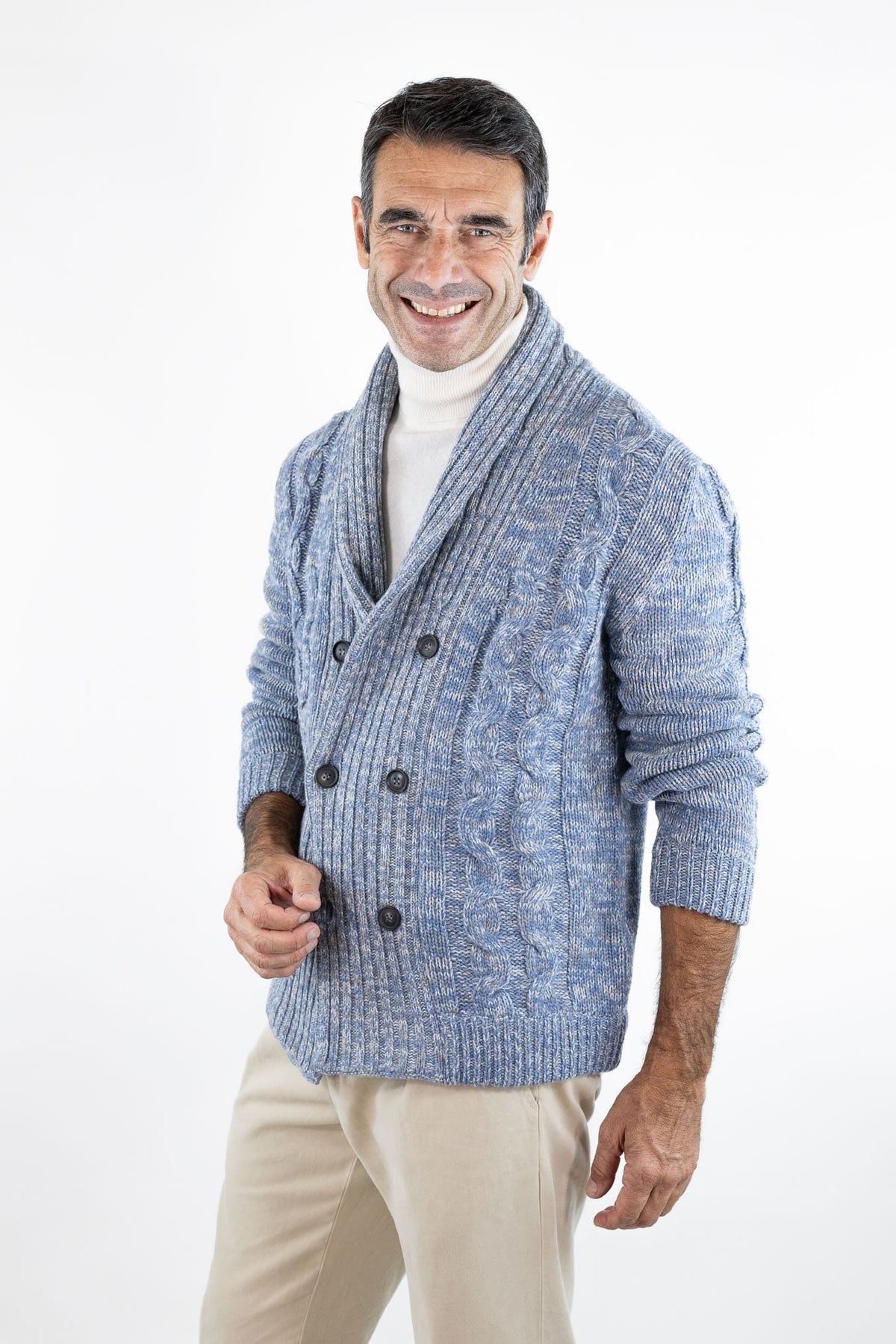SETTEFILI CASHMERE Cardigan Doppiopetto a Trecce Lana Cashmere Azzurro Mélange