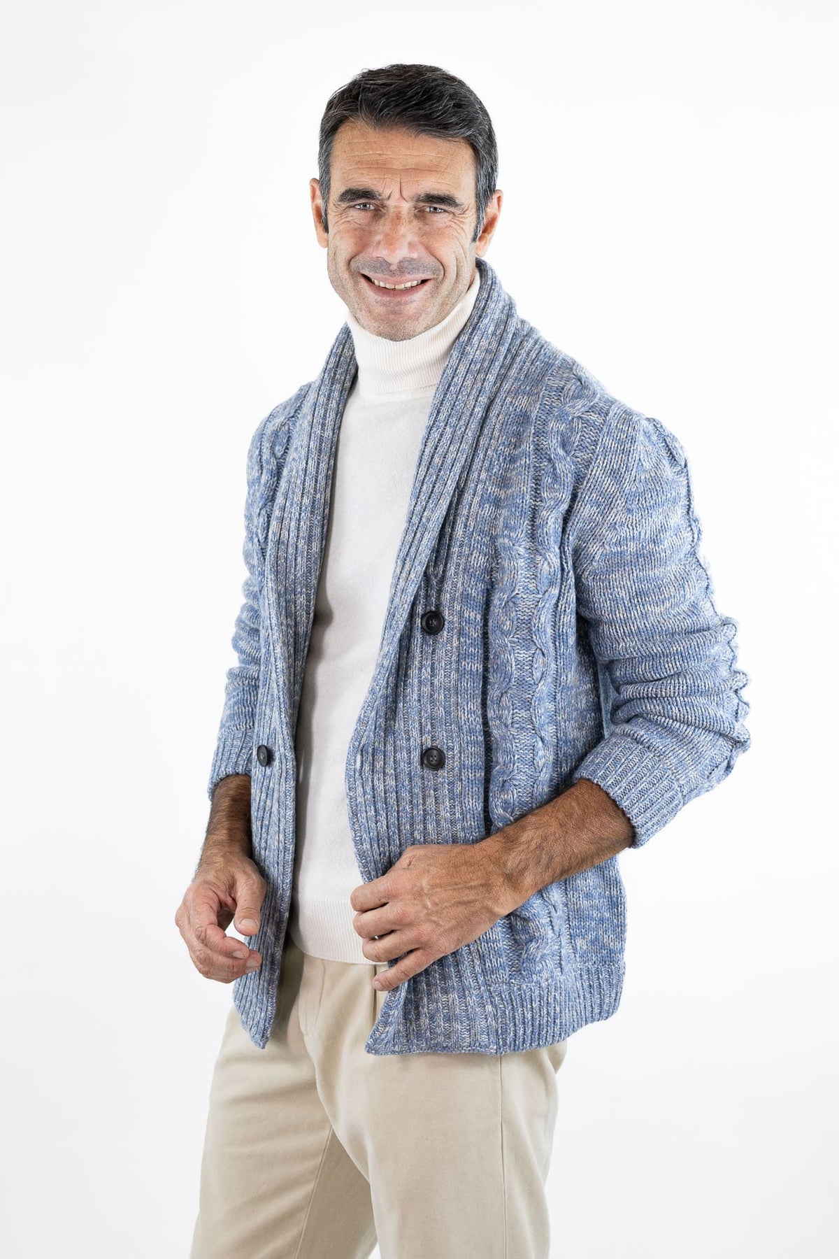 SETTEFILI CASHMERE Cardigan Doppiopetto a Trecce Lana Cashmere Azzurro Mélange