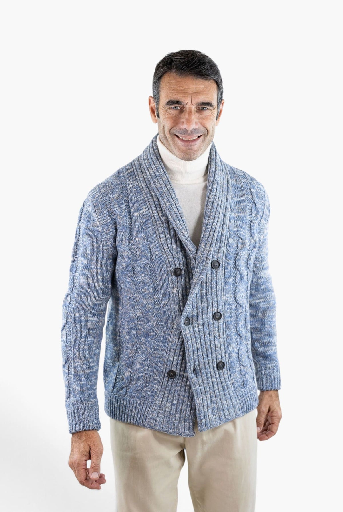 SETTEFILI CASHMERE Cardigan Doppiopetto a Trecce Lana Cashmere Azzurro Mélange