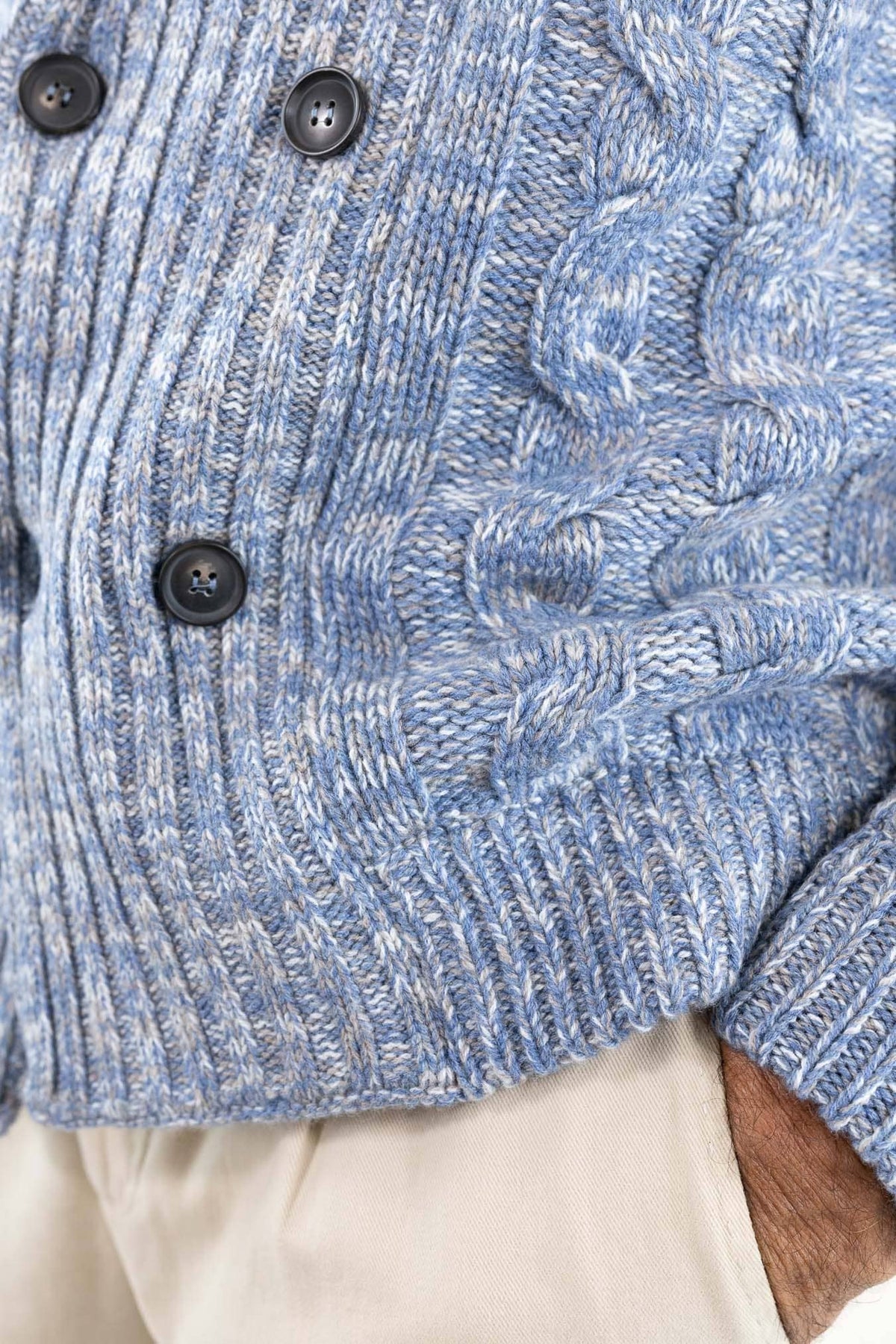 SETTEFILI CASHMERE Cardigan Doppiopetto a Trecce Lana Cashmere Azzurro Mélange