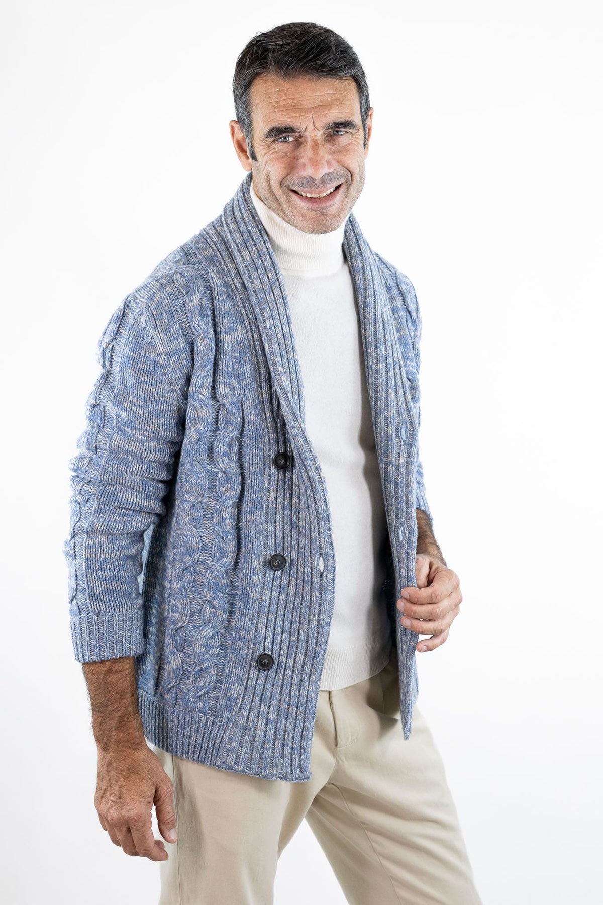 SETTEFILI CASHMERE Cardigan Doppiopetto a Trecce Lana Cashmere Azzurro Mélange