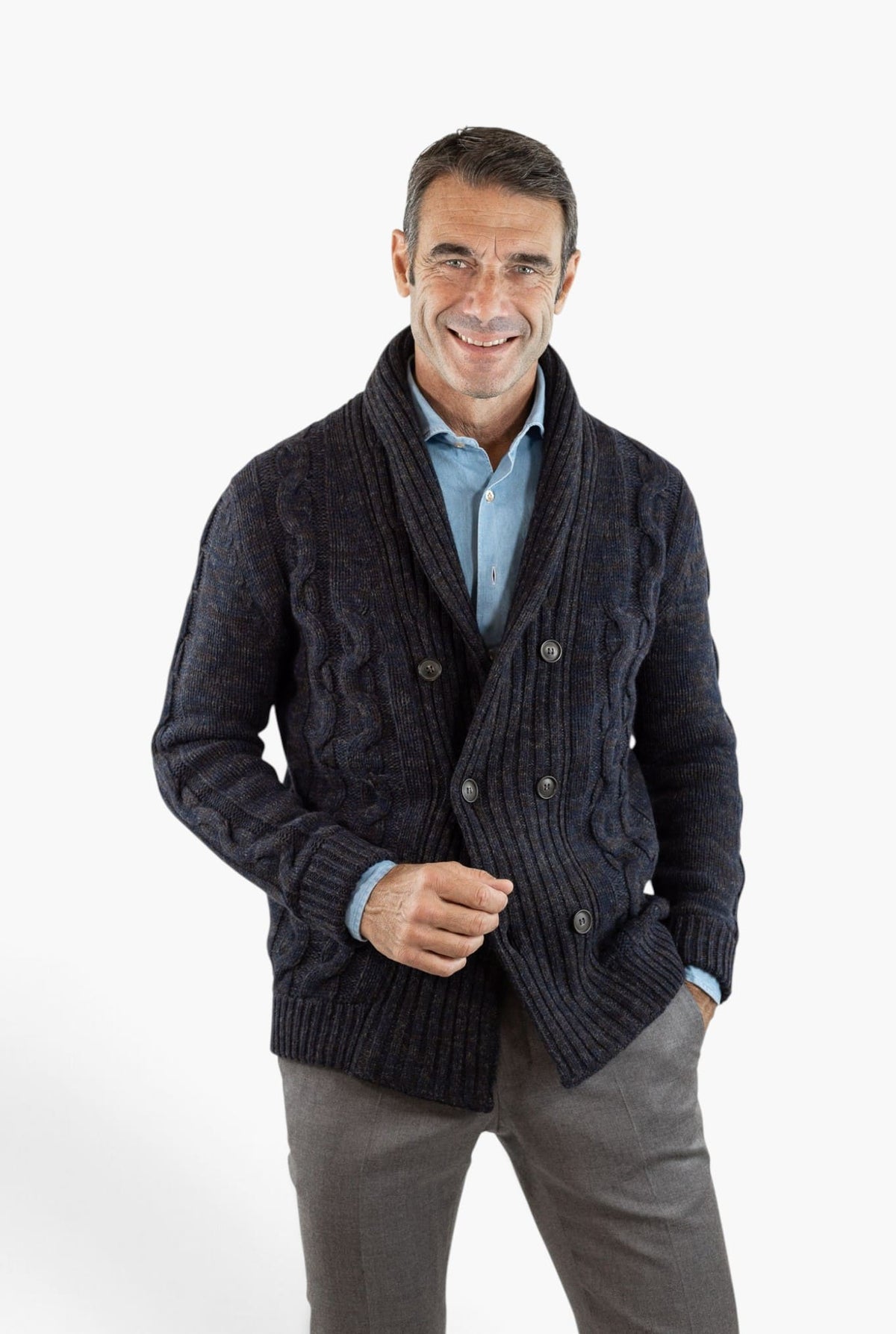SETTEFILI CASHMERE Cardigan Doppiopetto a Trecce Lana Cashmere Mélange Blu Moro