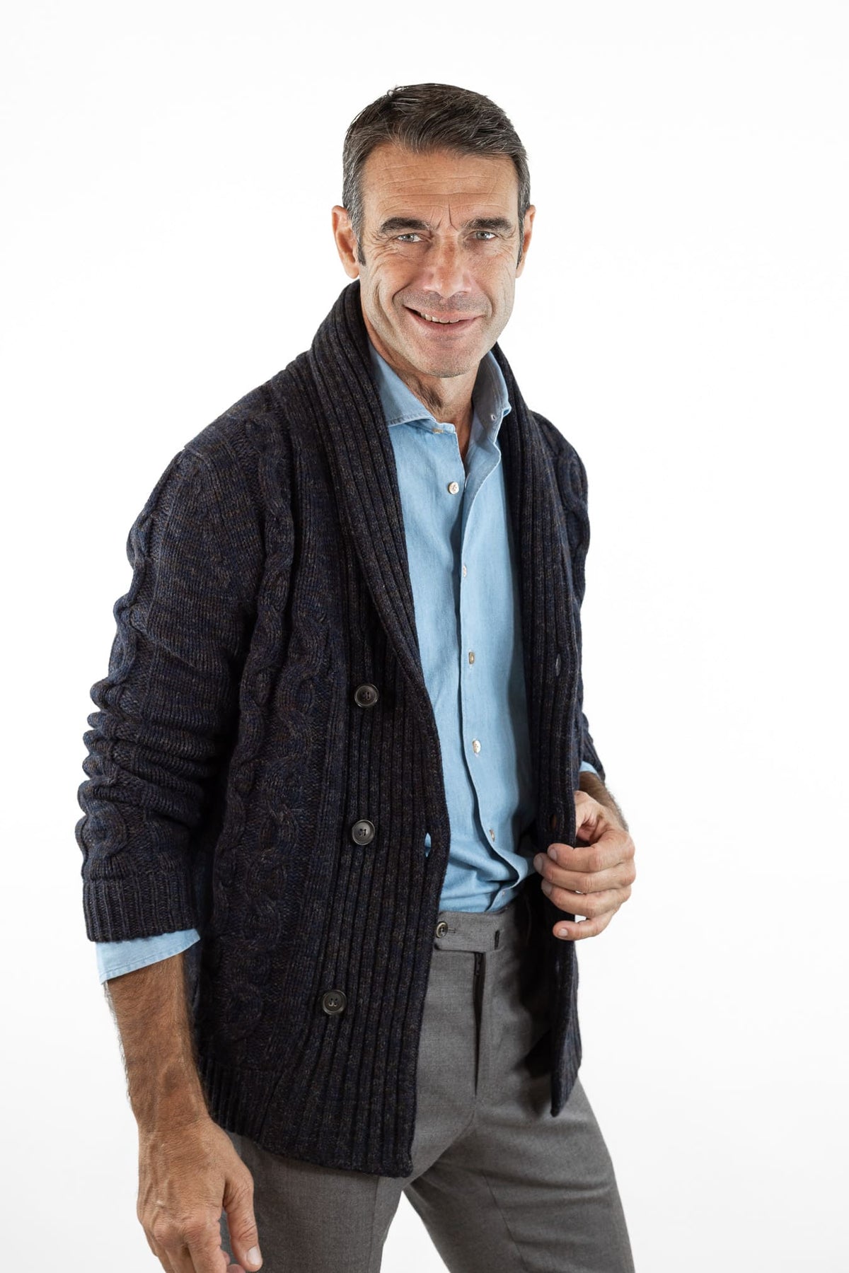 SETTEFILI CASHMERE Cardigan Doppiopetto a Trecce Lana Cashmere Mélange Blu Moro
