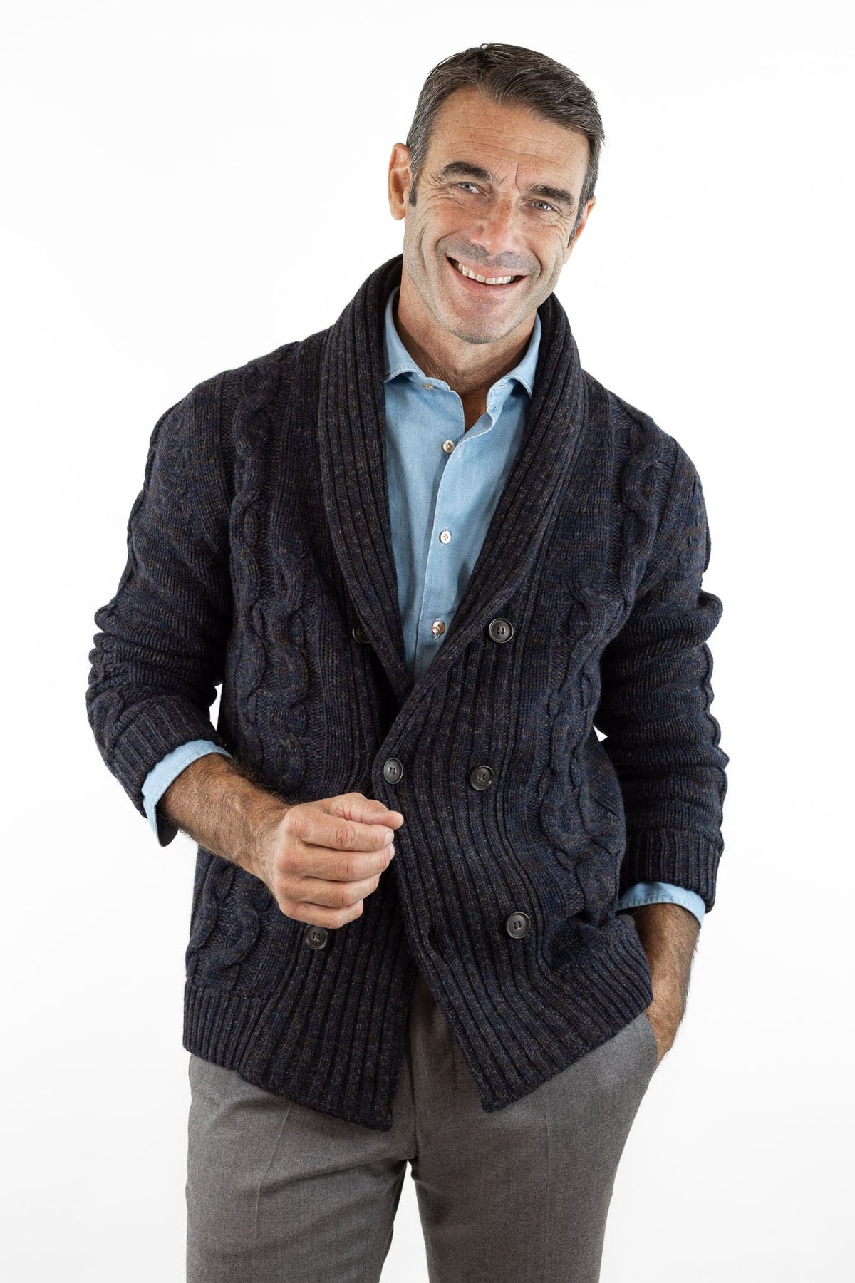 SETTEFILI CASHMERE Cardigan Doppiopetto a Trecce Lana Cashmere Mélange Blu Moro