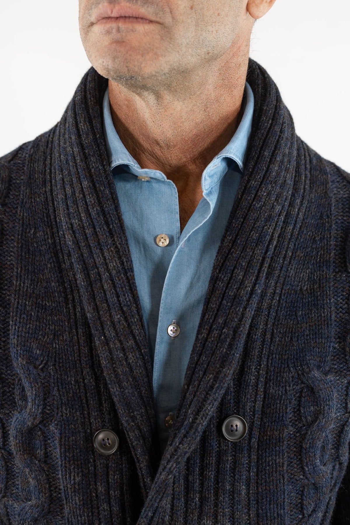 SETTEFILI CASHMERE Cardigan Doppiopetto a Trecce Lana Cashmere Mélange Blu Moro