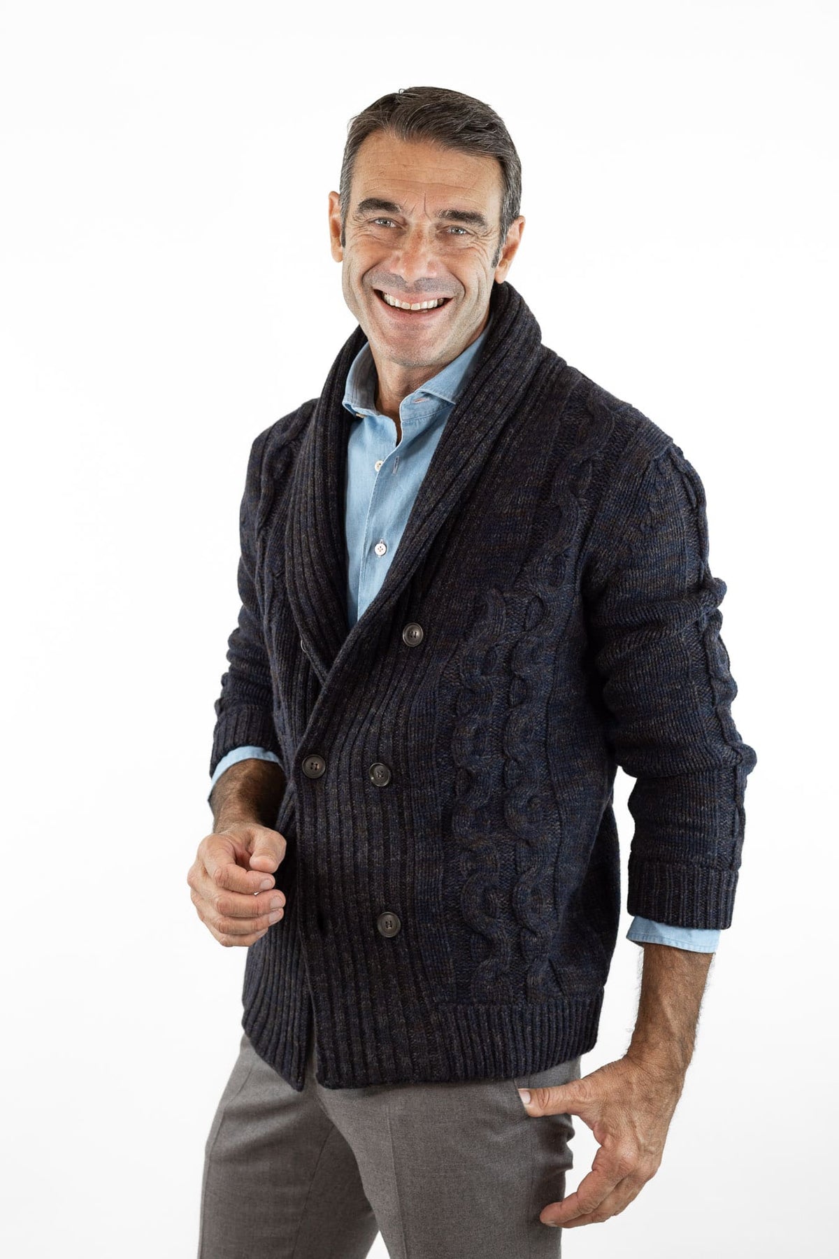 SETTEFILI CASHMERE Cardigan Doppiopetto a Trecce Lana Cashmere Mélange Blu Moro