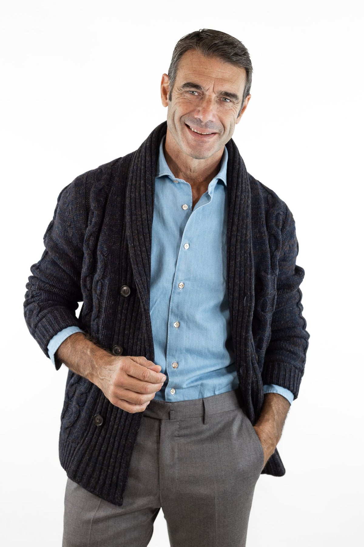 SETTEFILI CASHMERE Cardigan Doppiopetto a Trecce Lana Cashmere Mélange Blu Moro