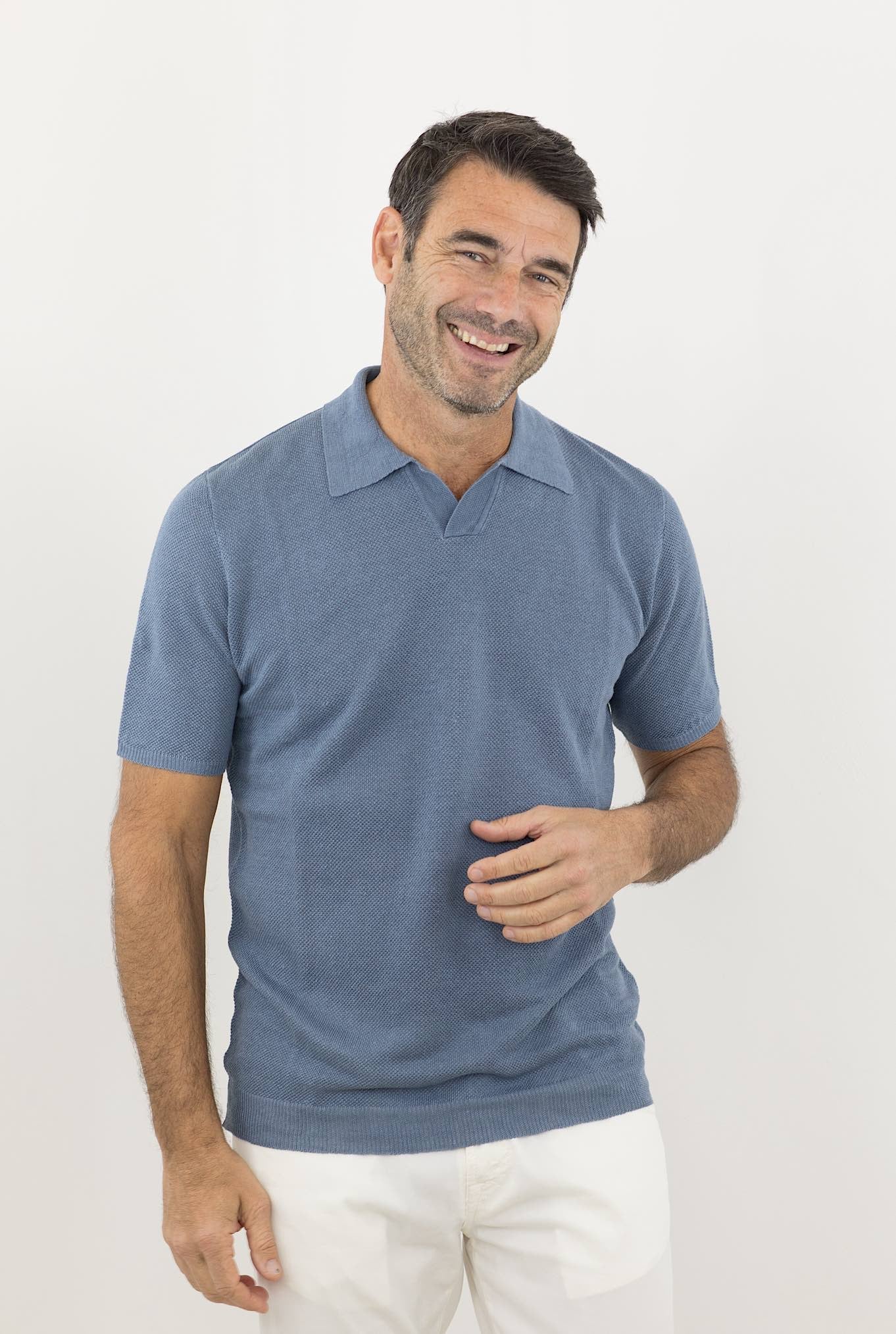 ROBERTO COLLINA Polo Maniche Corte Lino Nido D'ape Avio - Guarino Store