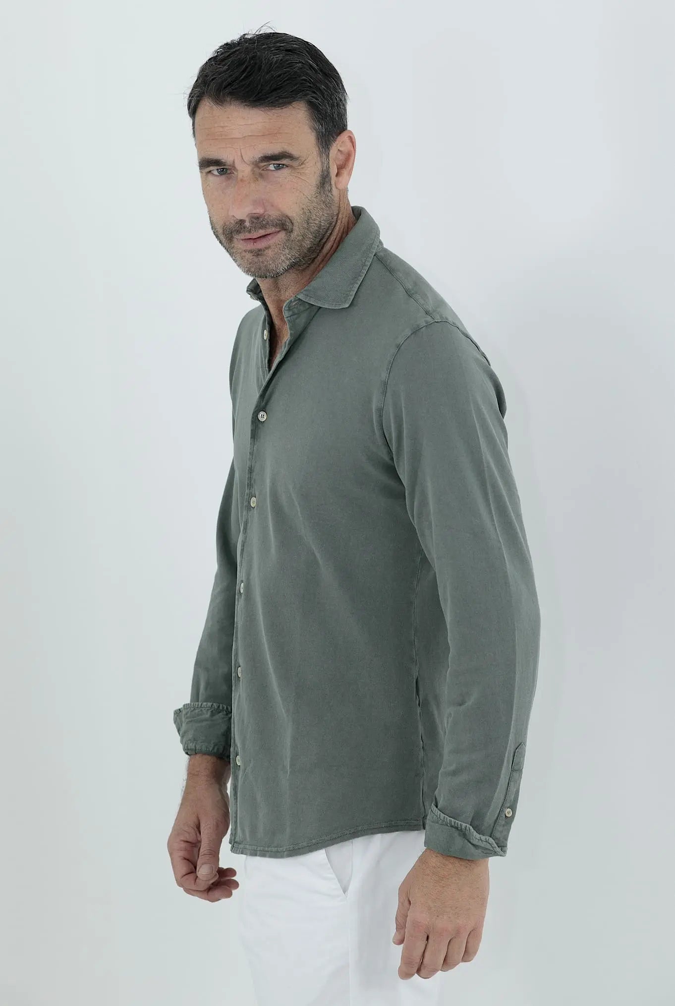 FEDELI Camicia Cotone Piquet Frosted Verde Salvia - Guarino Store