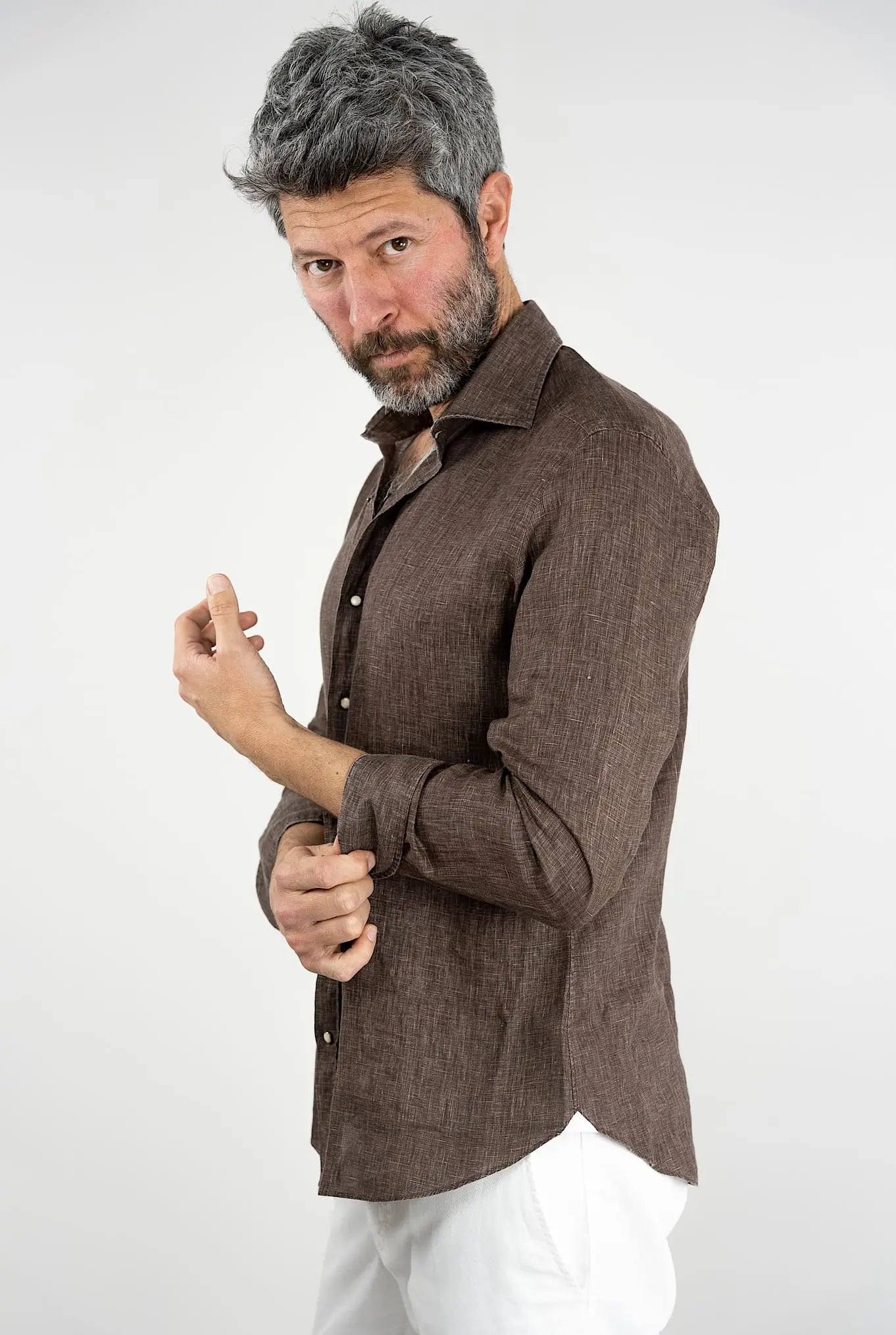 GIANNETTO PORTOFINO Camicia Lino Tabacco SLIM FIT - Guarino Store