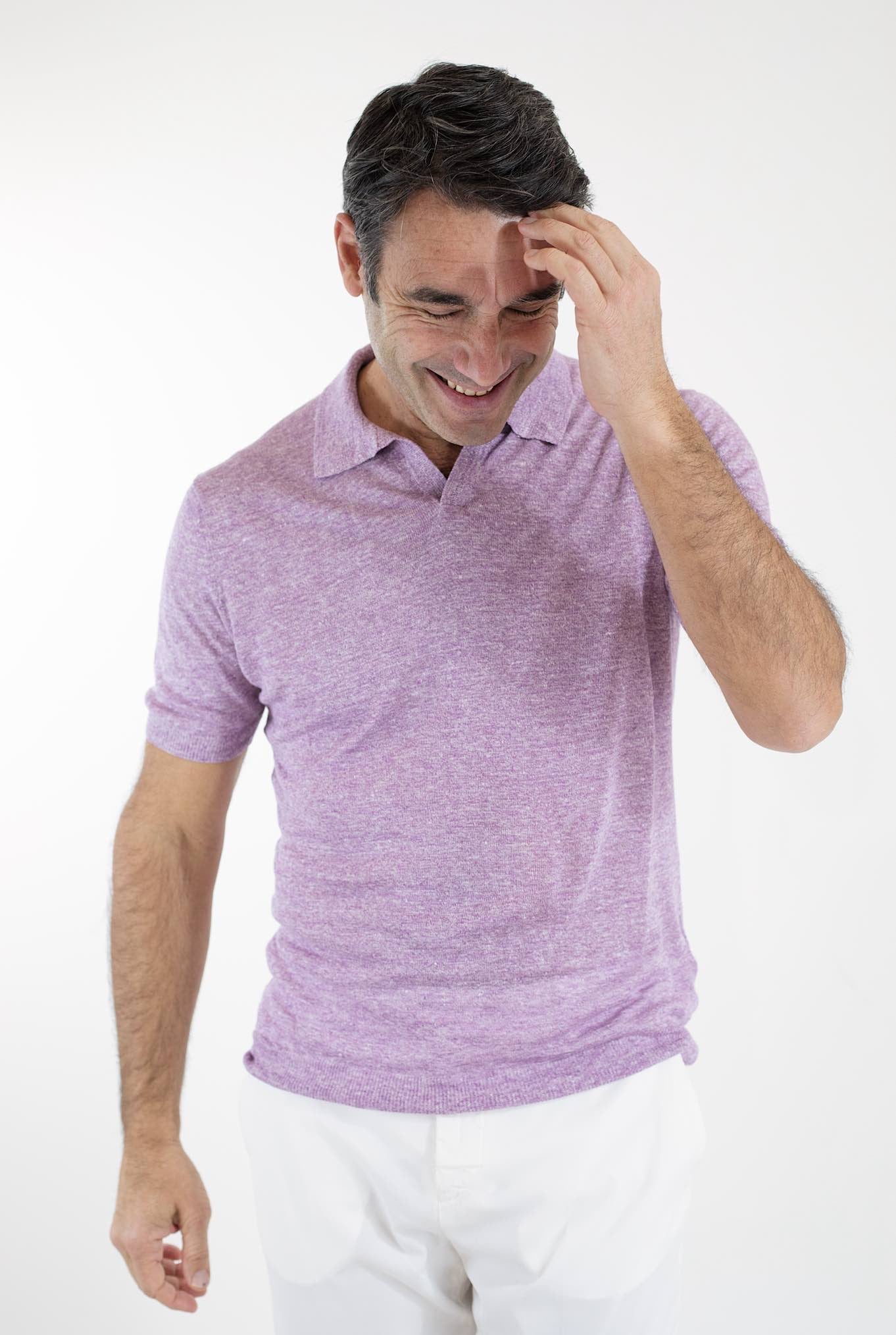 BARBA Polo Lino Senza Bottoni Lilla Mélange - Guarino Store