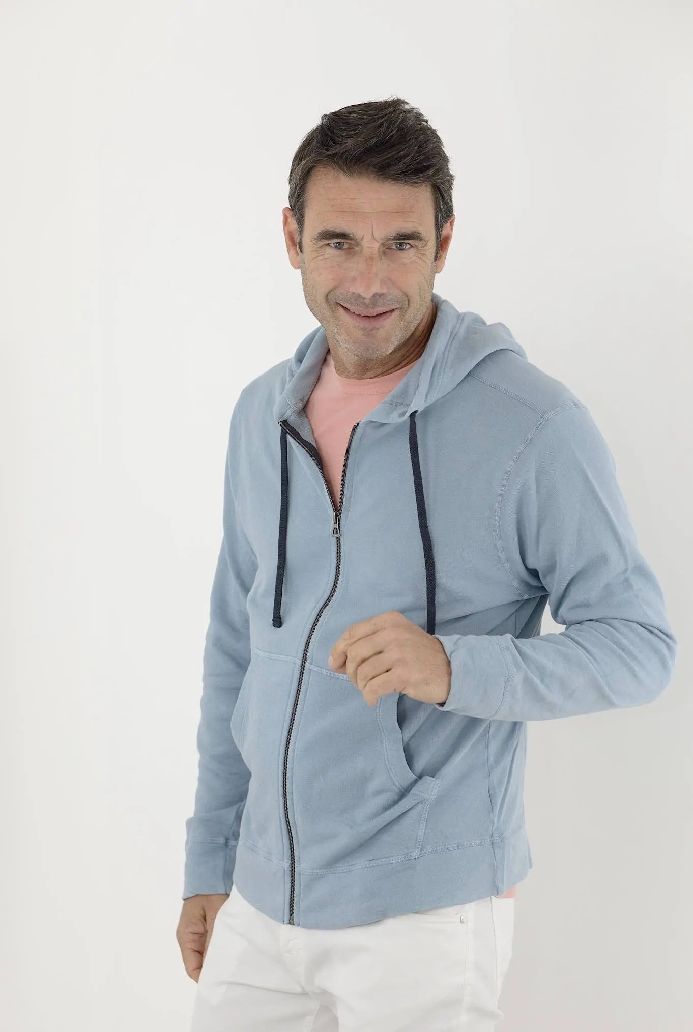JAMES PERSE Felpa Cappuccio in Jersey di Cotone Tinta in Capo Azzurro - Guarino Store