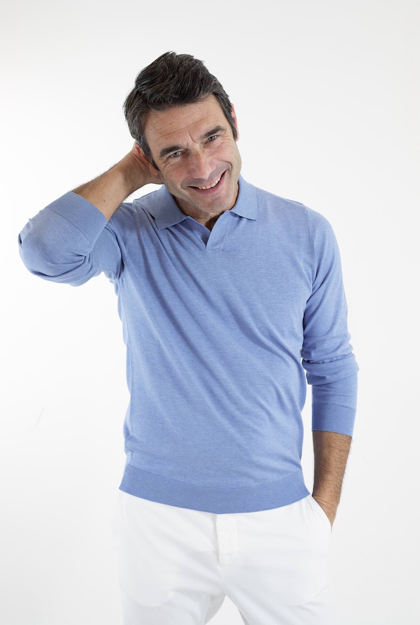 GUARINO Polo ML Cotone Sea Island Celeste - Guarino Store