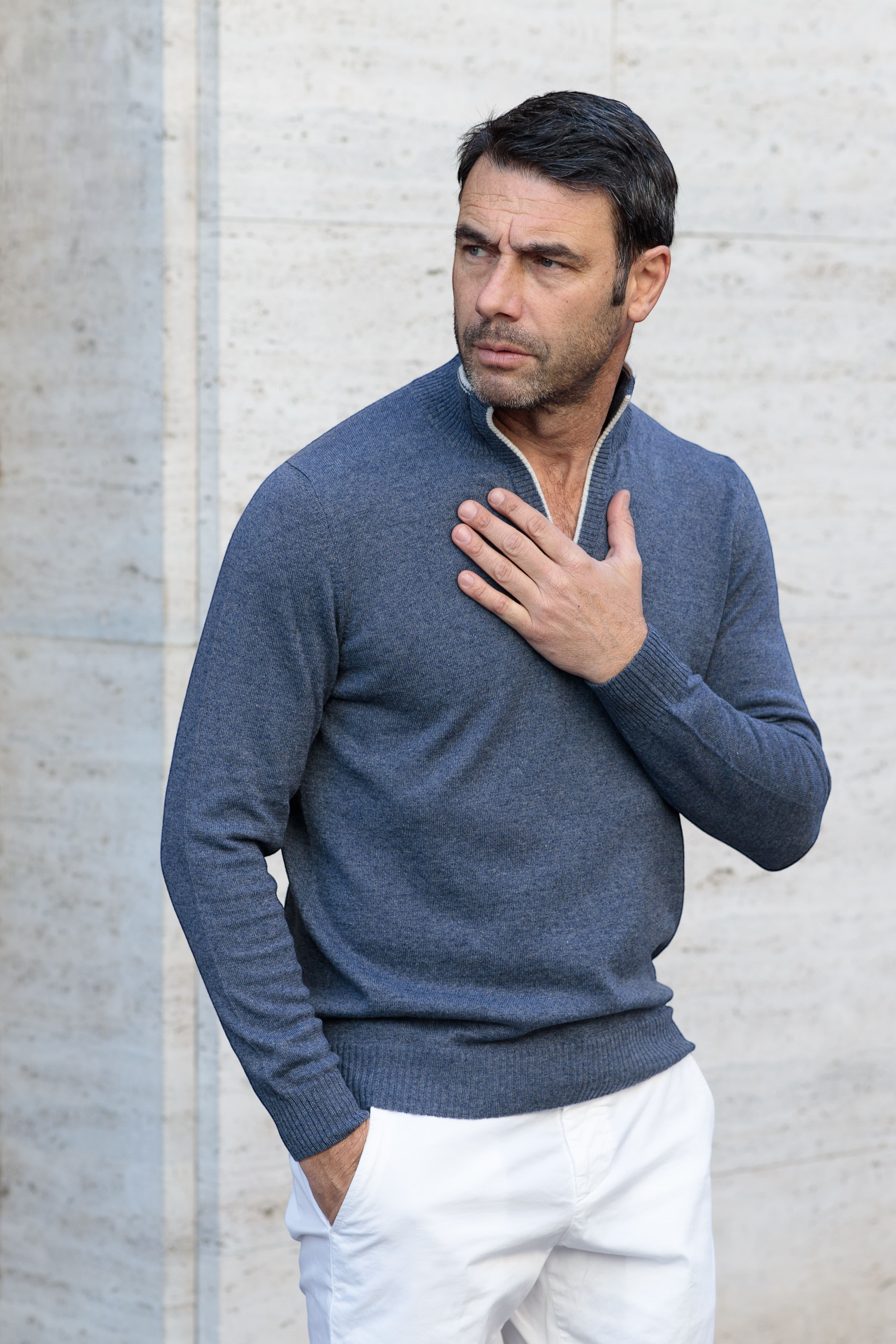 Maglia Cashmere e Lino Blu Mélange - Guarino Store