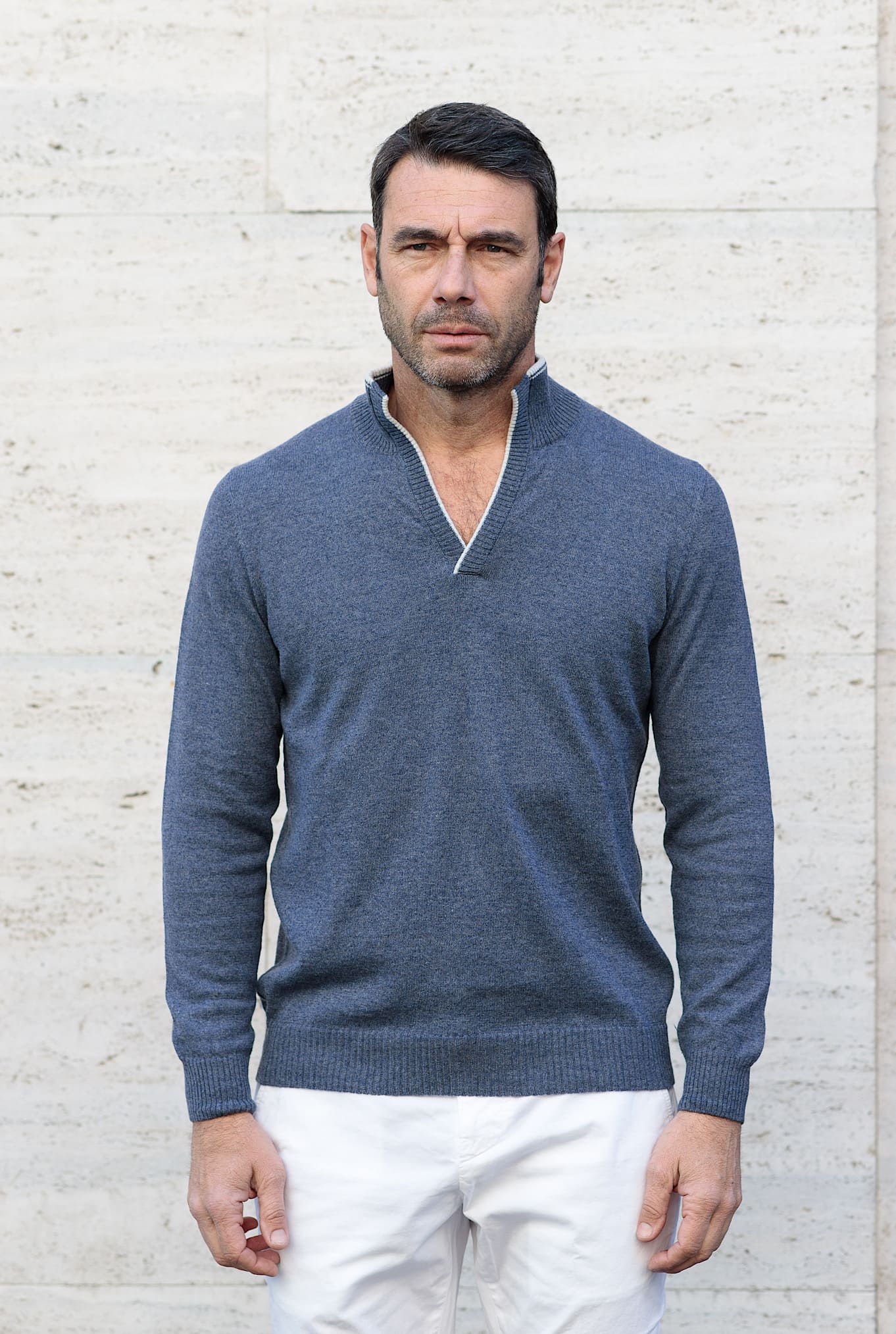 Maglia Cashmere e Lino Blu Mélange - Guarino Store