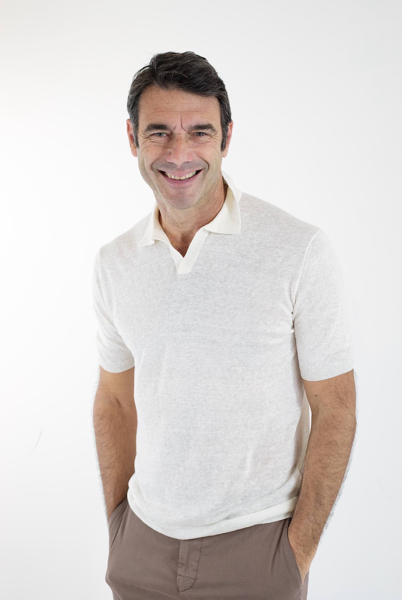 BARBA Polo Lino MM Senza Bottoni Bianco Panna - Guarino Store