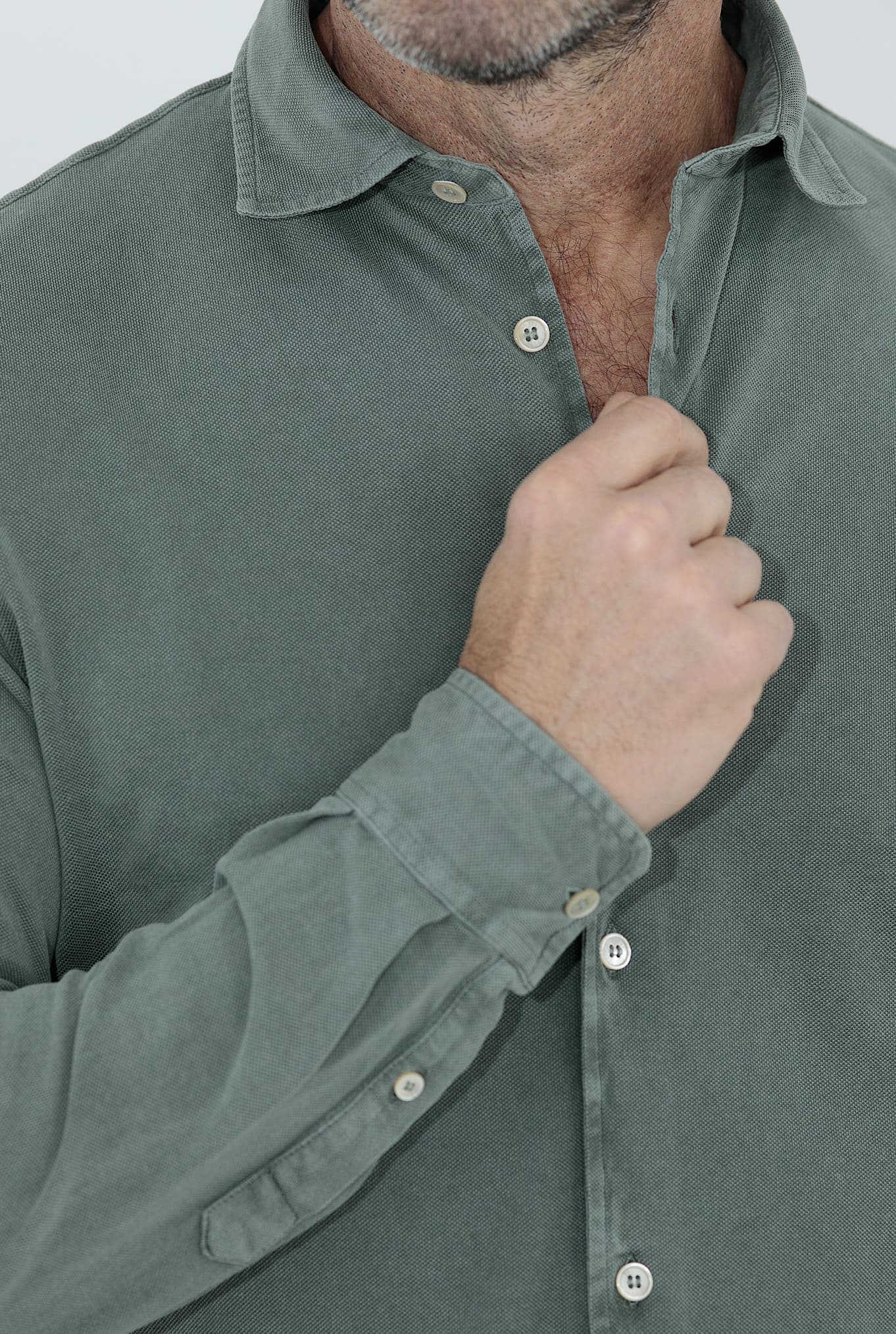 FEDELI Camicia Cotone Piquet Frosted Verde Salvia - Guarino Store