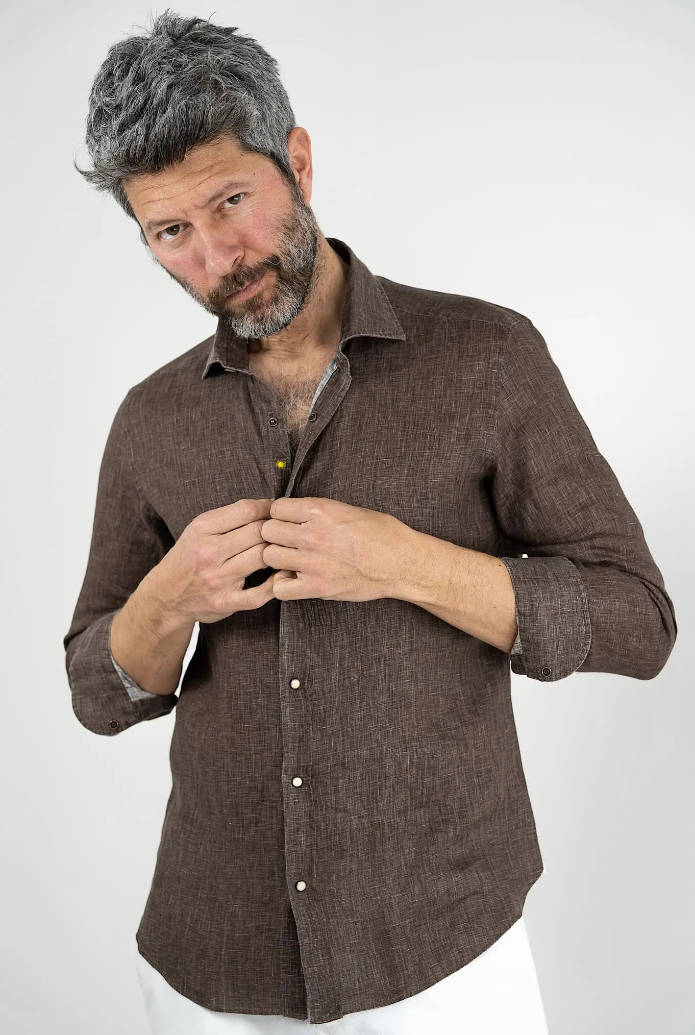 GIANNETTO PORTOFINO Camicia Lino Tabacco SLIM FIT - Guarino Store