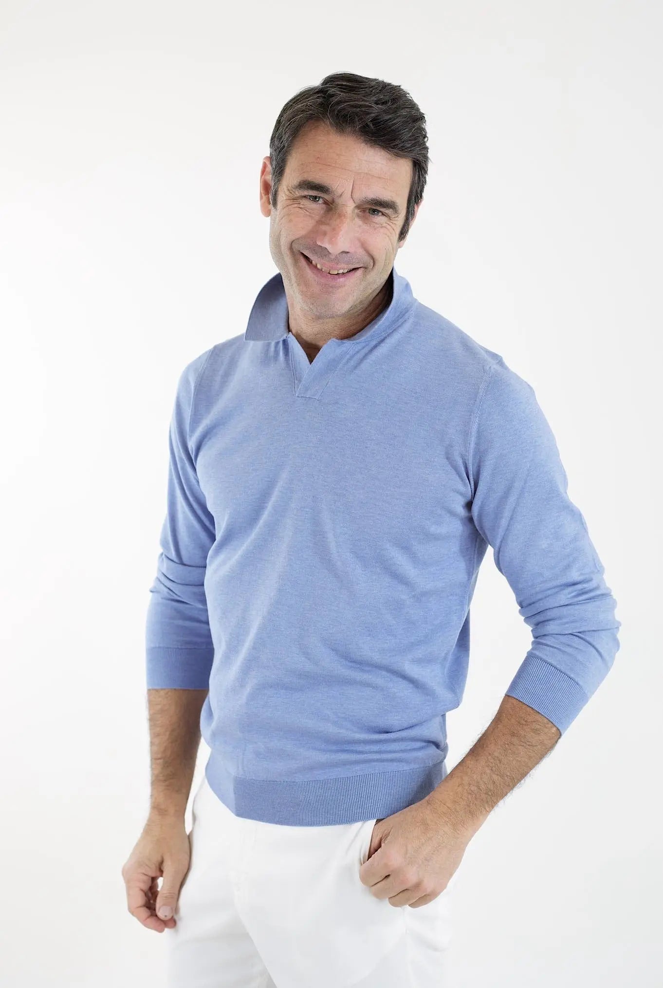 GUARINO Polo ML Cotone Sea Island Celeste - Guarino Store