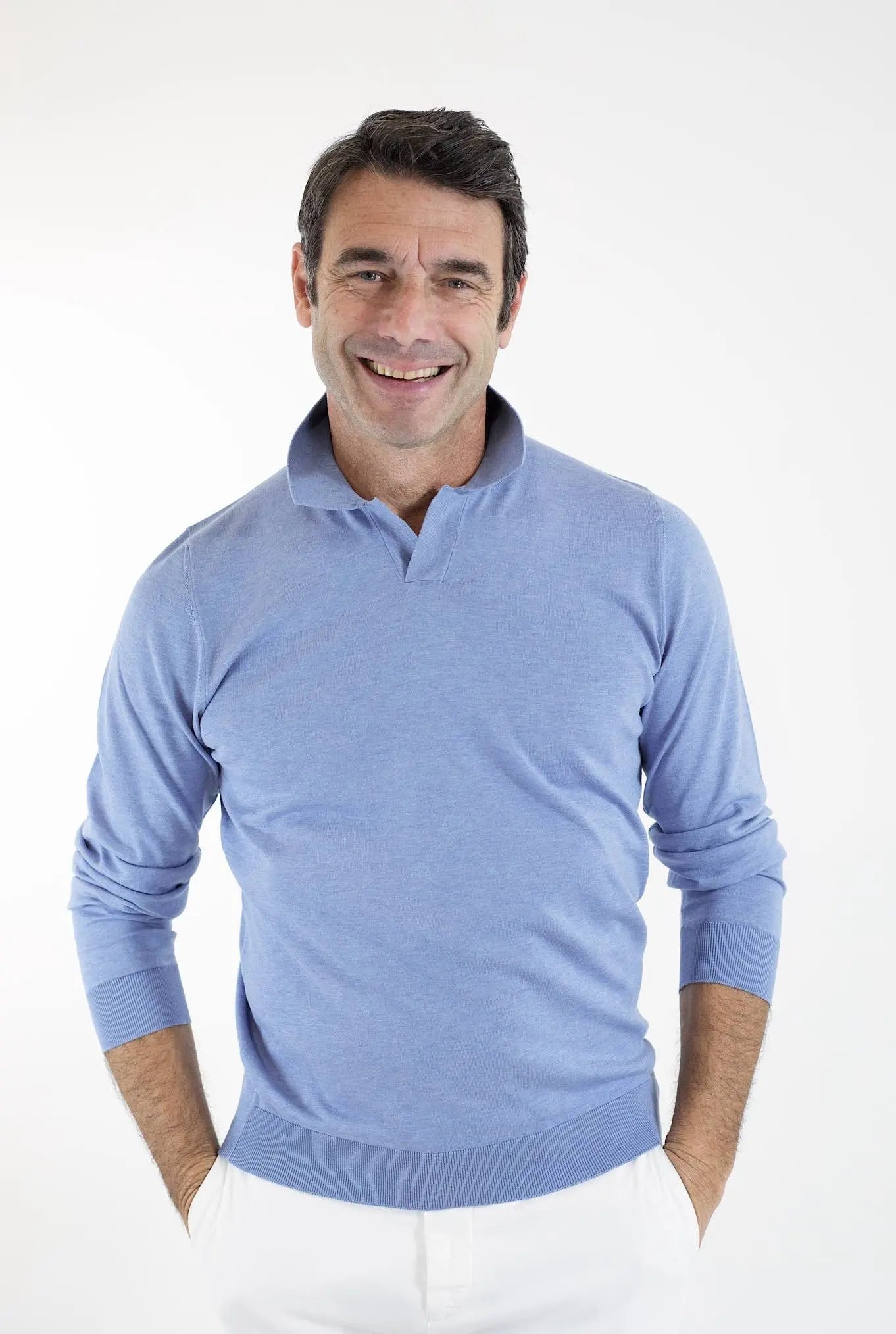 GUARINO Polo ML Cotone Sea Island Celeste - Guarino Store