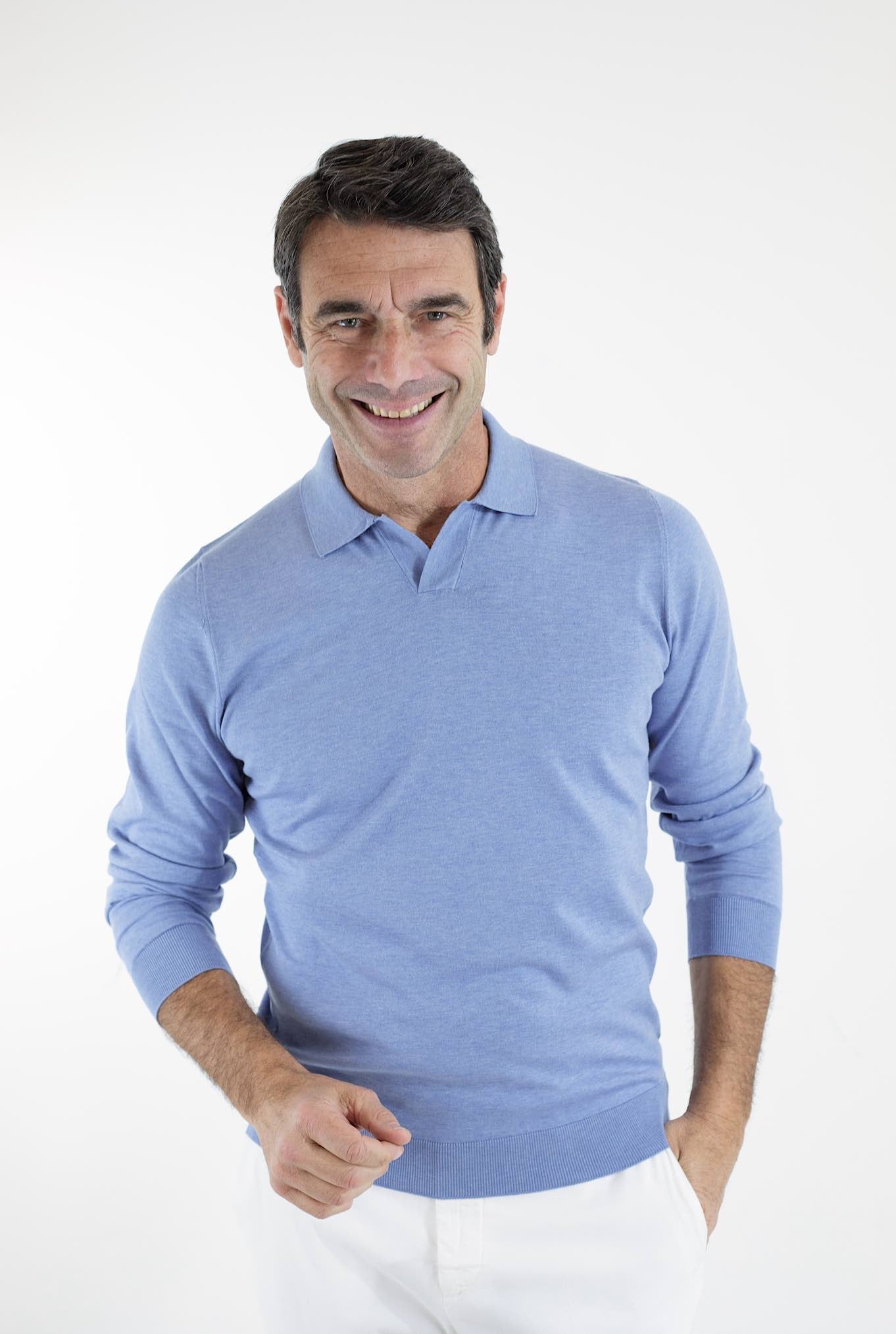 GUARINO Polo ML Cotone Sea Island Celeste - Guarino Store