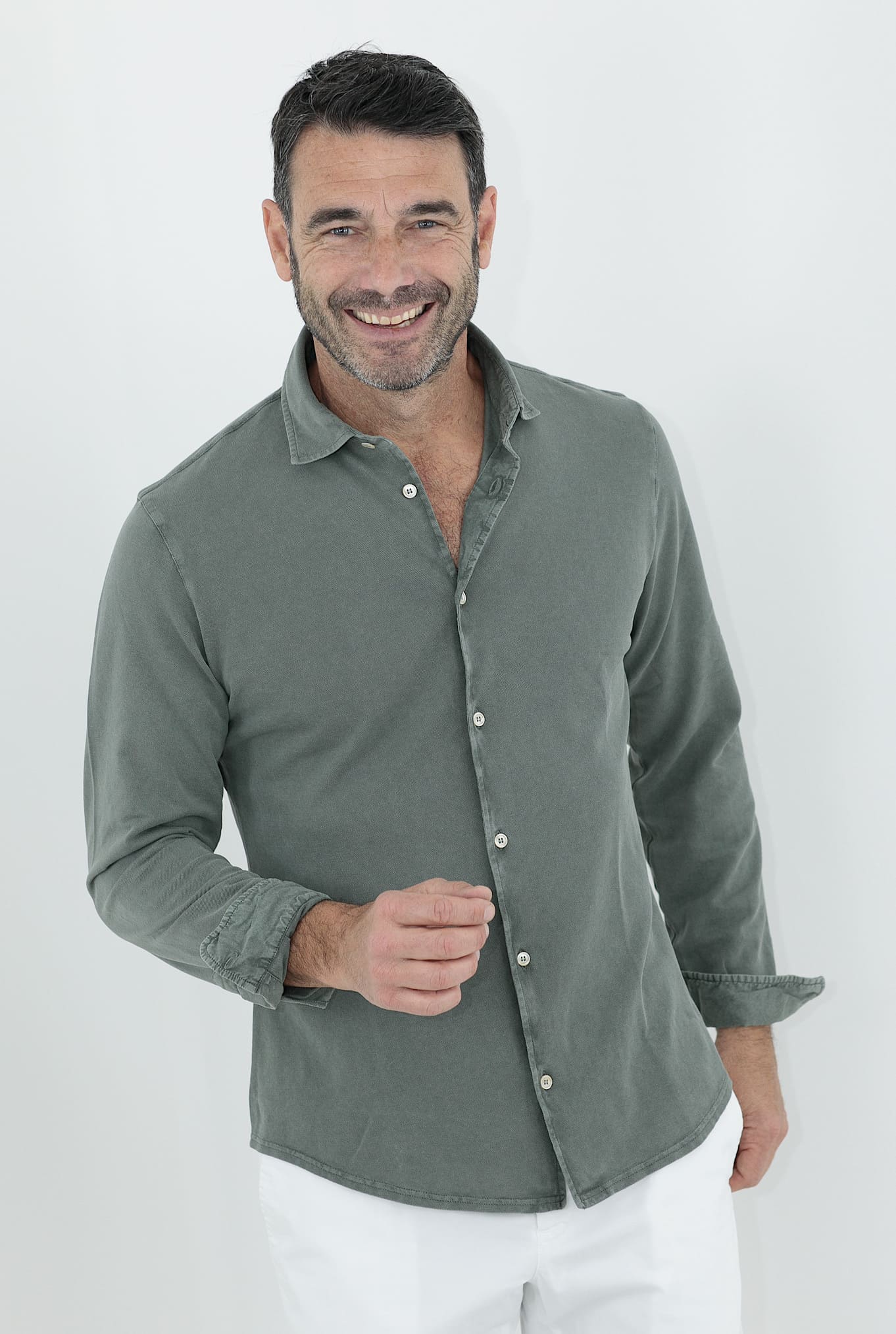 FEDELI Camicia Cotone Piquet Frosted Verde Salvia - Guarino Store