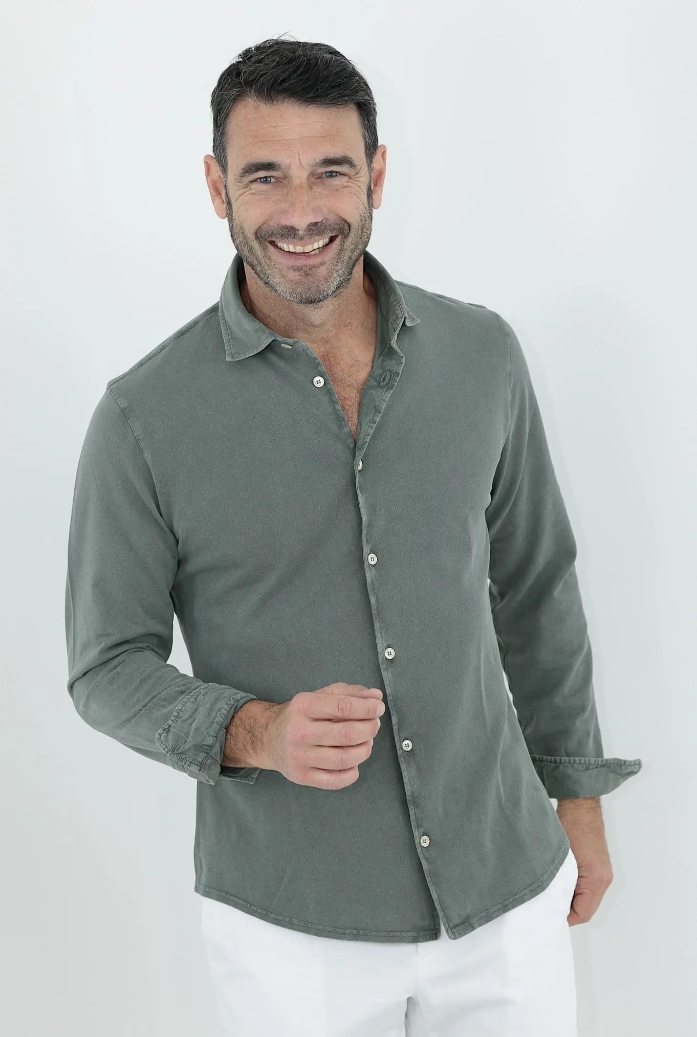 FEDELI Camicia Cotone Piquet Frosted Verde Salvia - Guarino Store